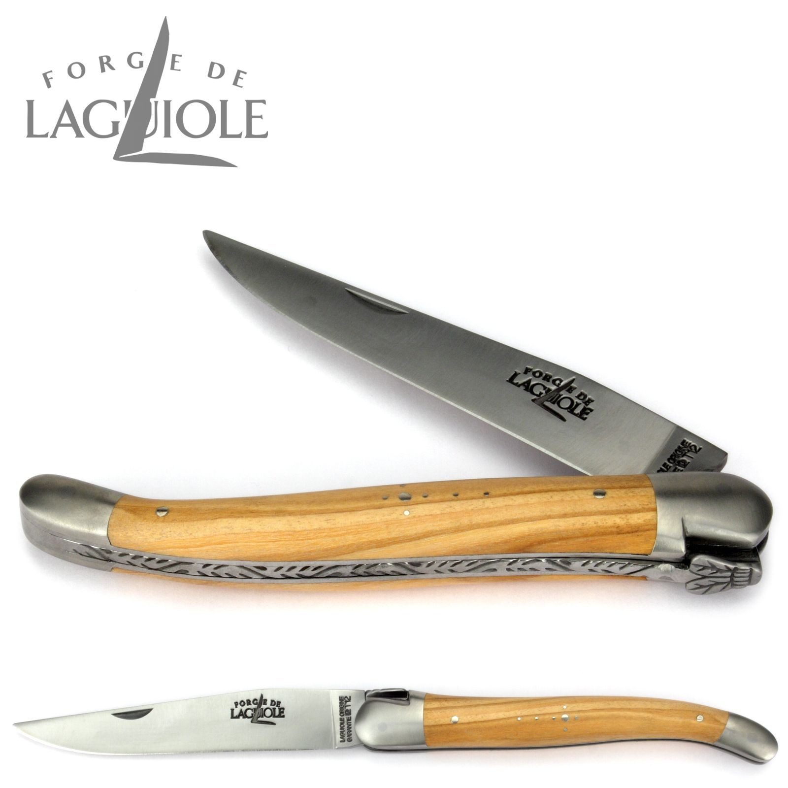 Forge de Laguiole Taschenmesser 1212 IN OL SAT, Griff 12cm Olivenholz - Feder verziert - Klinge Backen Stahl satiniert