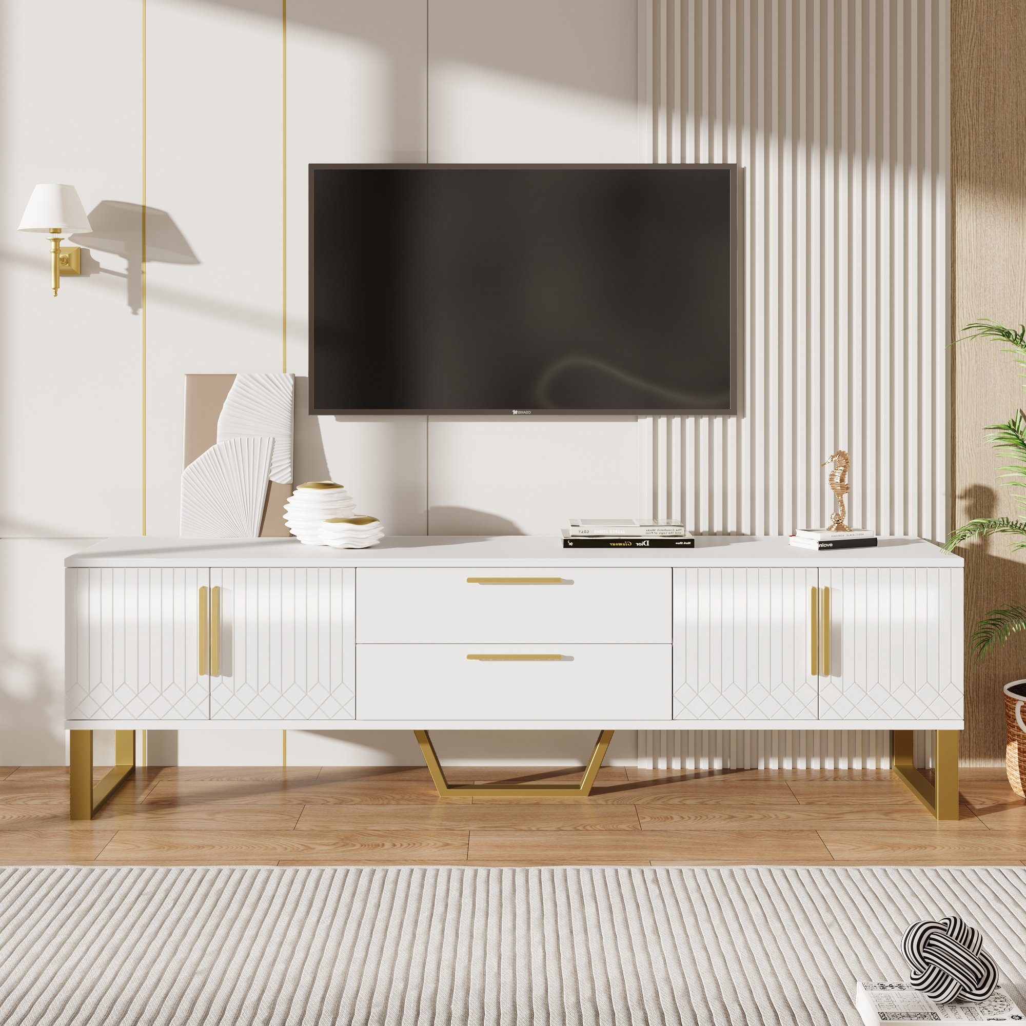 REDOM TV-Schrank Lowboard (Tür mit gravierter Textur, Aufbewahrungslösung für das Wohnzimmer, Hochglänzender TV Schrank, goldene Griffe und Füße)