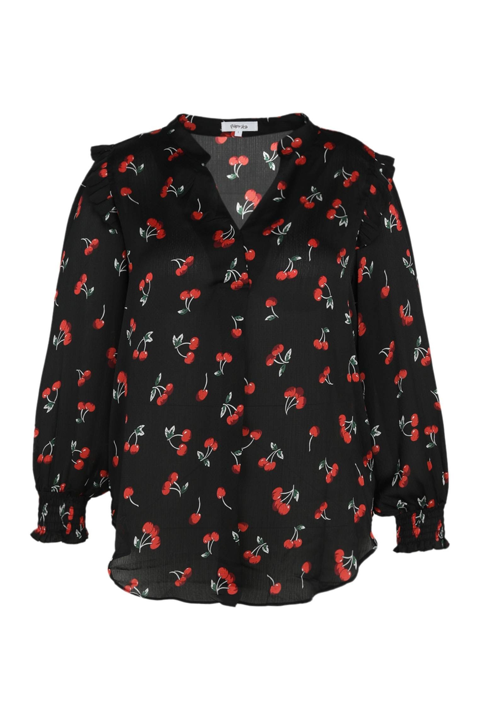 Paprika Shirtbluse Lange Bluse Mit Rüschen Und Kirschenmuster (1-tlg)