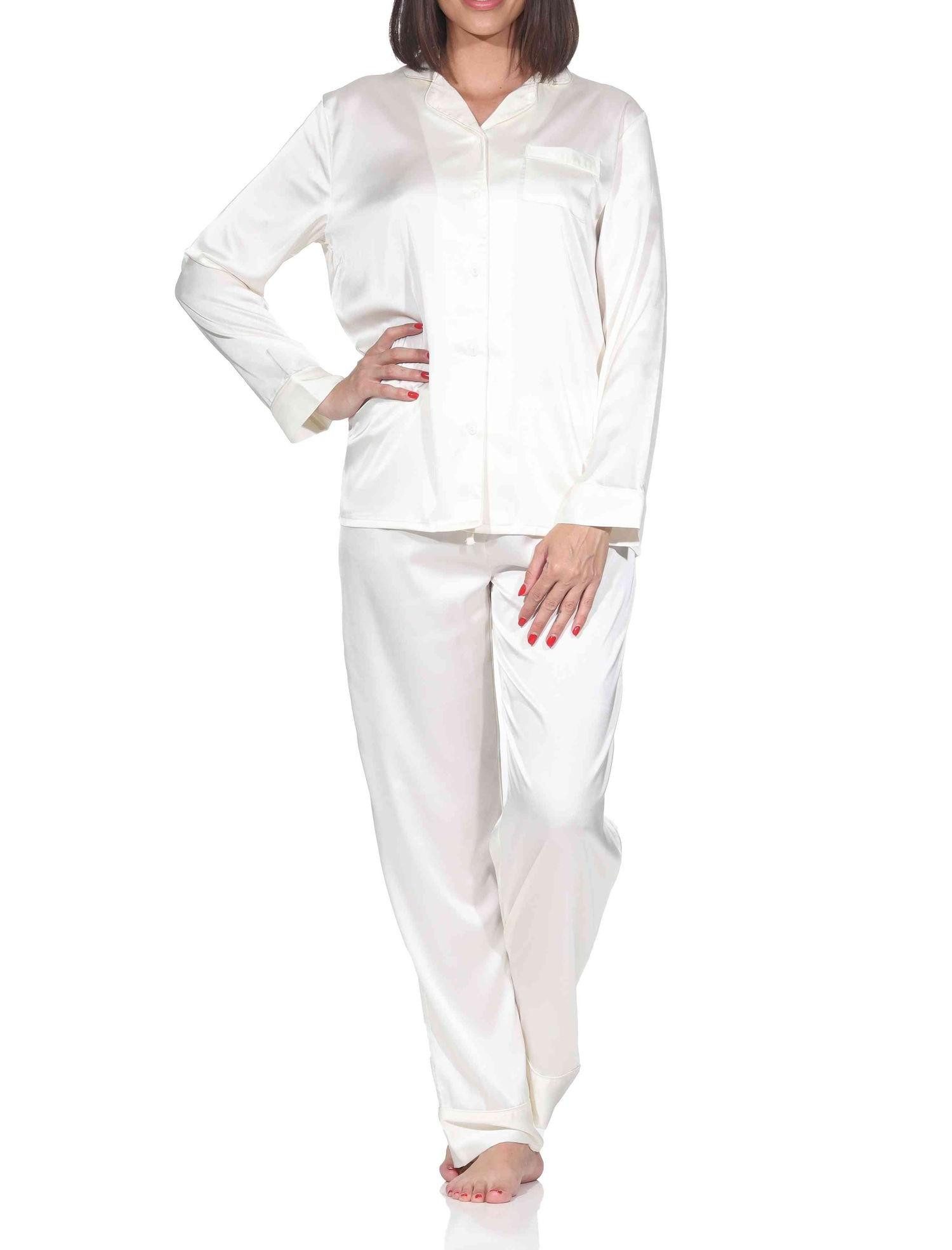 Normann Pyjama Normann Satin Damen Schlafanzug langarm Pyjama mit Knopfleiste