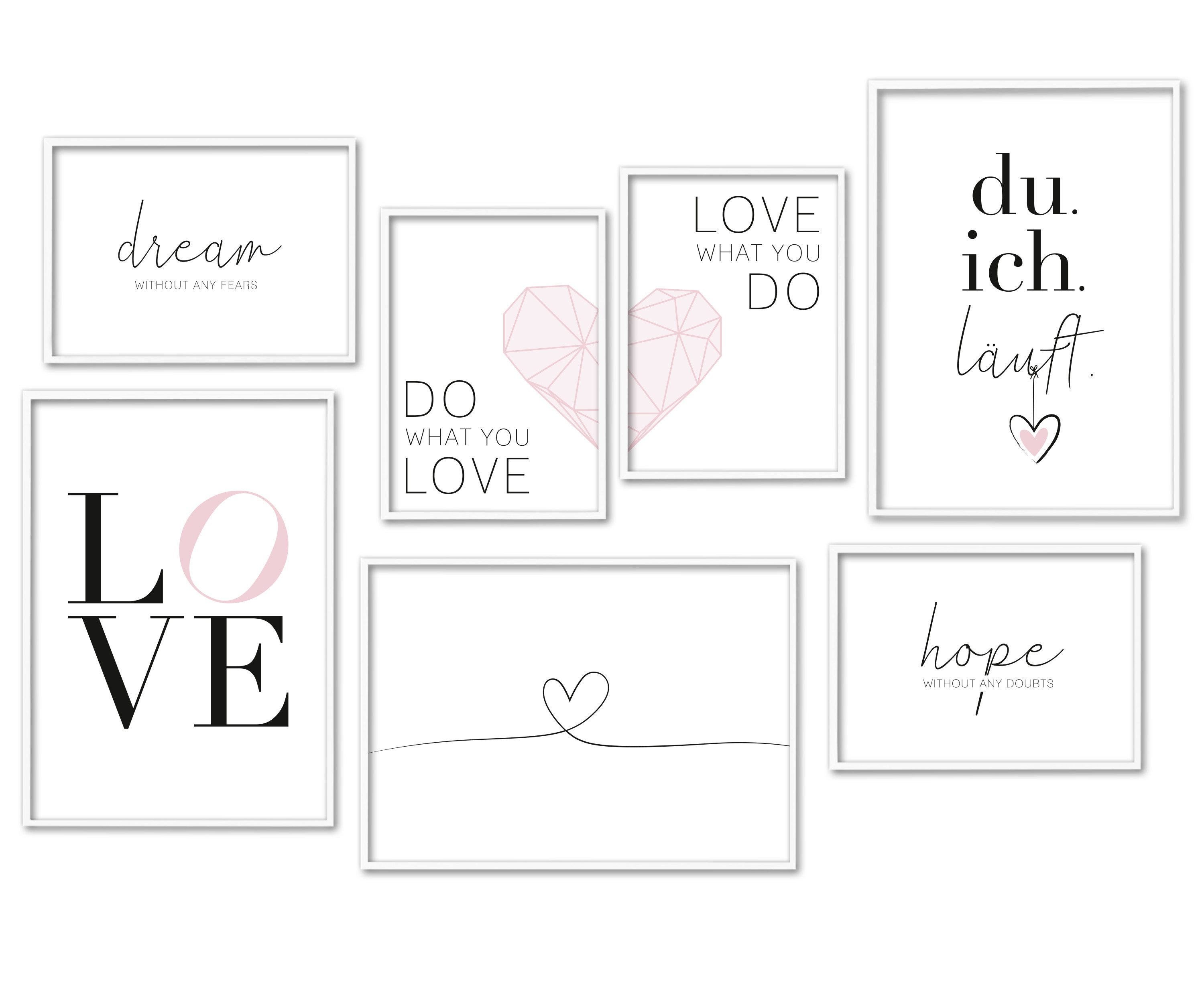 Hyggelig Home Плакат Du und Ich - Premium Плакат Set OHNE & MIT Rahmen - 7 Wandbilder Liebe, Emotion (Set, 7 St), Collage schwarz weiß, Qualitätsdruck dickes Papier