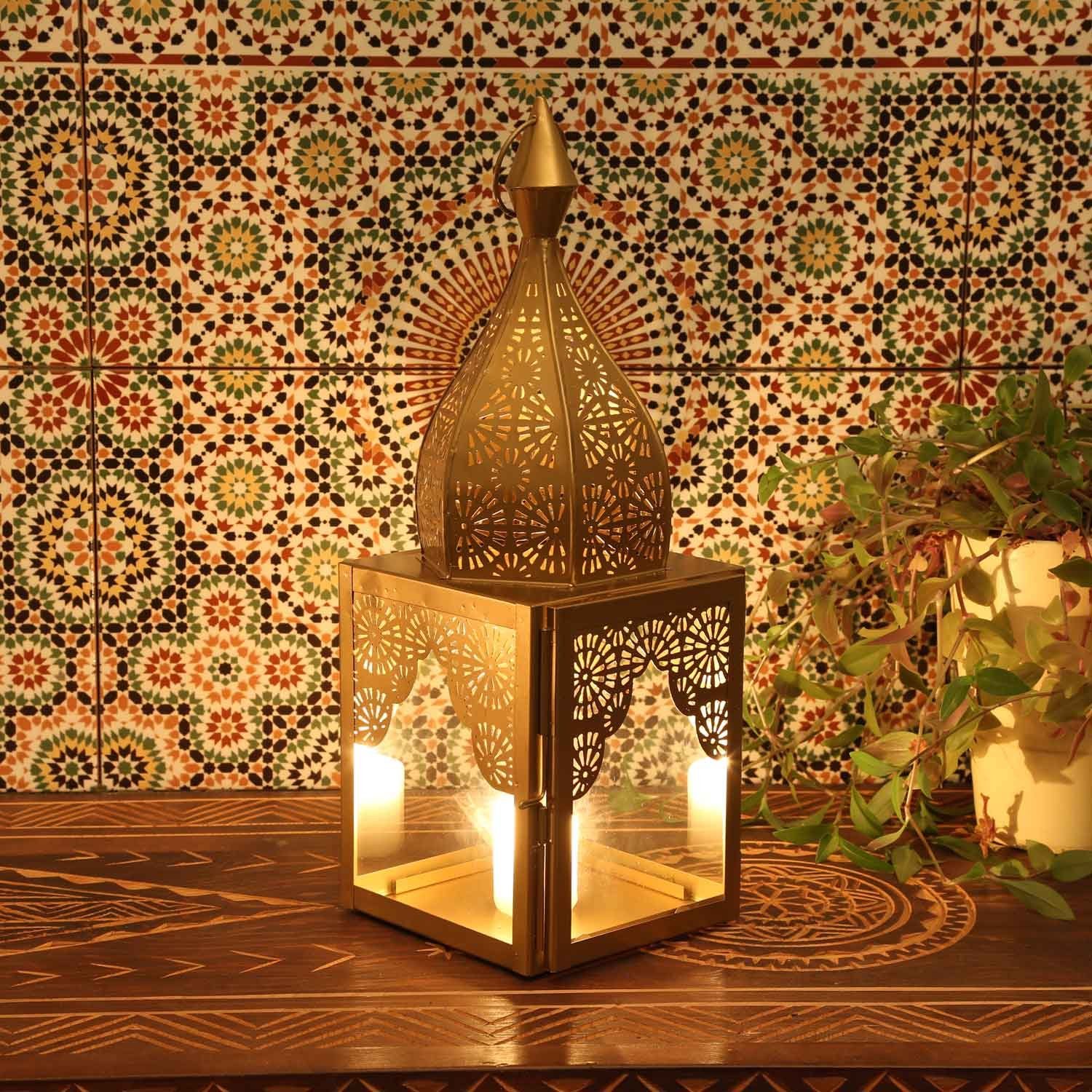Windlicht in Form, Laterne Wohn-Deko M & Kunsthandwerk Modena Gold Metall Orientalisches Casa Weihnachten, Windlicht Glas 45cm Moro IRL650, aus Minaretten Marokkanische Kerzenhalter, Höhe
