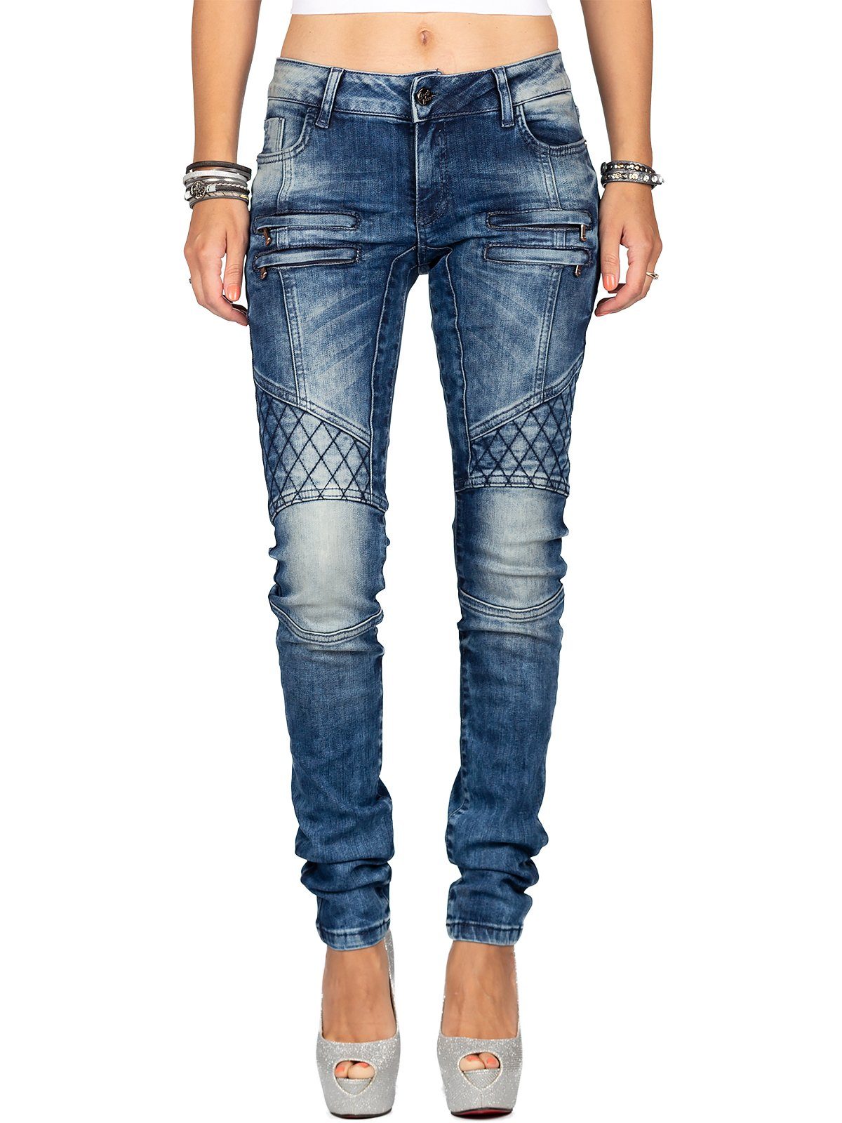 Cipo & Baxx Slim-fit-Jeans Damen Hose BA-WD378 Biker Style mit Rautenmuster