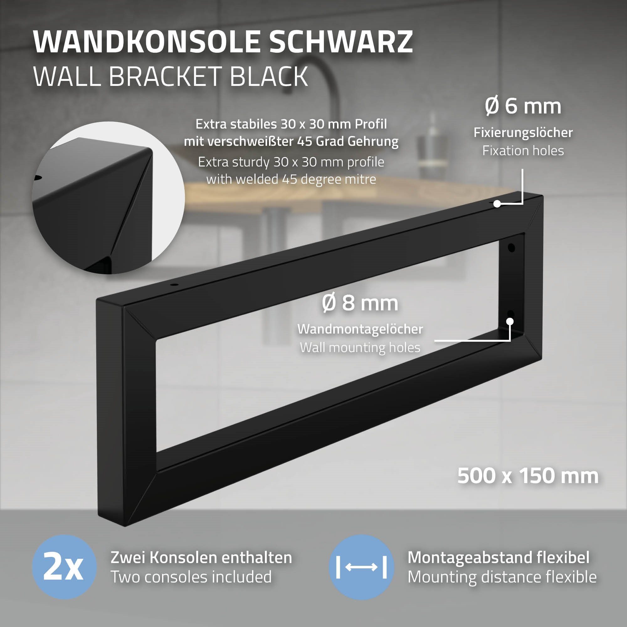 500x150mm Design Wandhalterung für Set ML-DESIGN Waschtisch Waschtischhalterung Schwarz 2er Wandkonsole Stahl Waschbeckenschrank