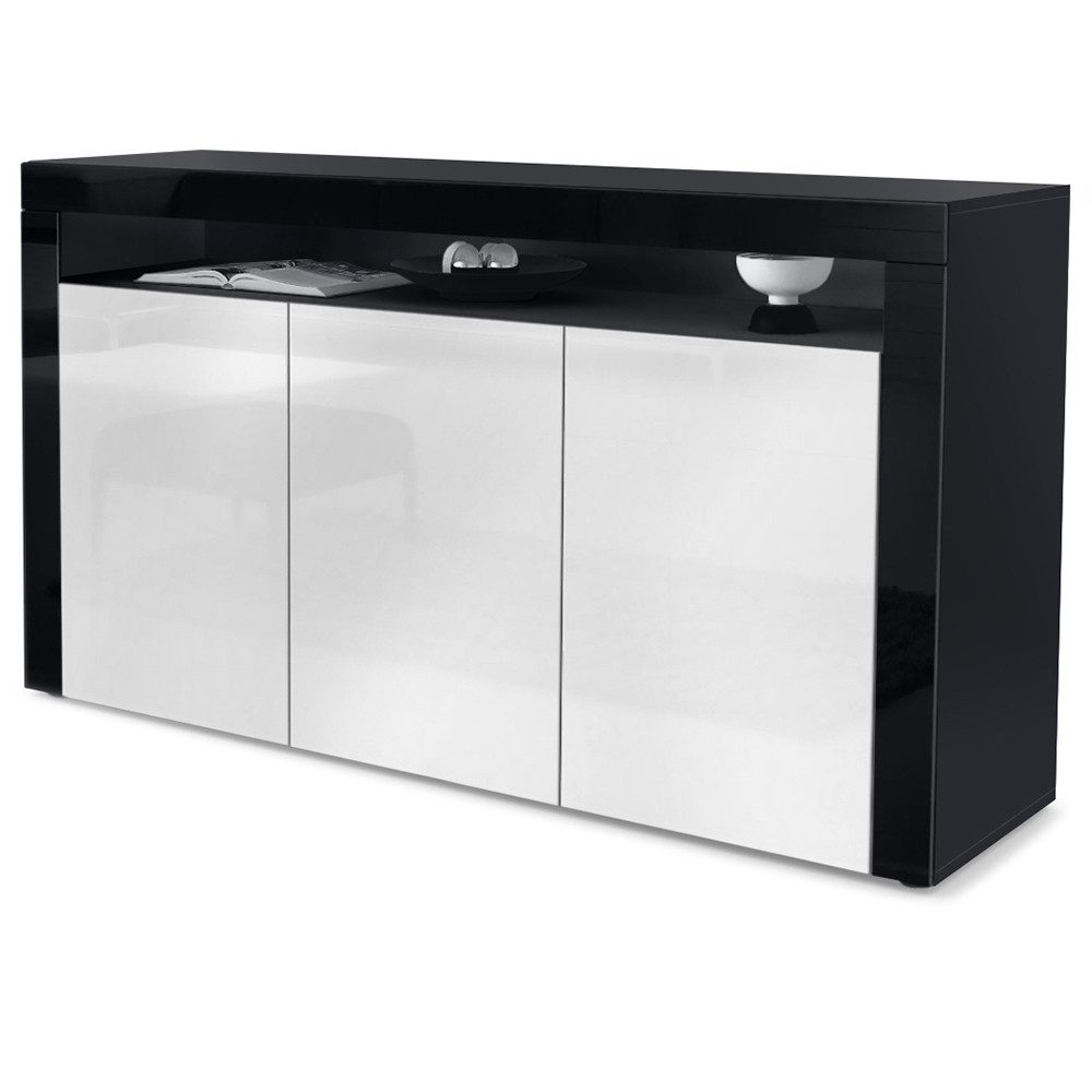 Vladon Sideboard Valencia (Schrank, mit 3 Türen und 1 offenem Fach), Schwarz / Weiß Hochglanz/ (155 x 92 x 40 cm)