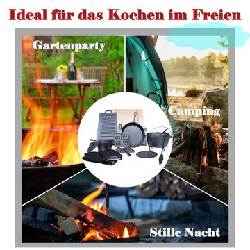 AUFUN Feuertopf Dutch Oven Set, Gusseisen Eingebrannt mit Deckelheber, (12-tlg BBQ Feuertopf aus massivem dickwandigen Gusseisen, für gesellige Grill Abenteuer, Gusseisen), inkl. Isolationshandschuhe, Aufbewahrungsbox & Niederländischer Topf