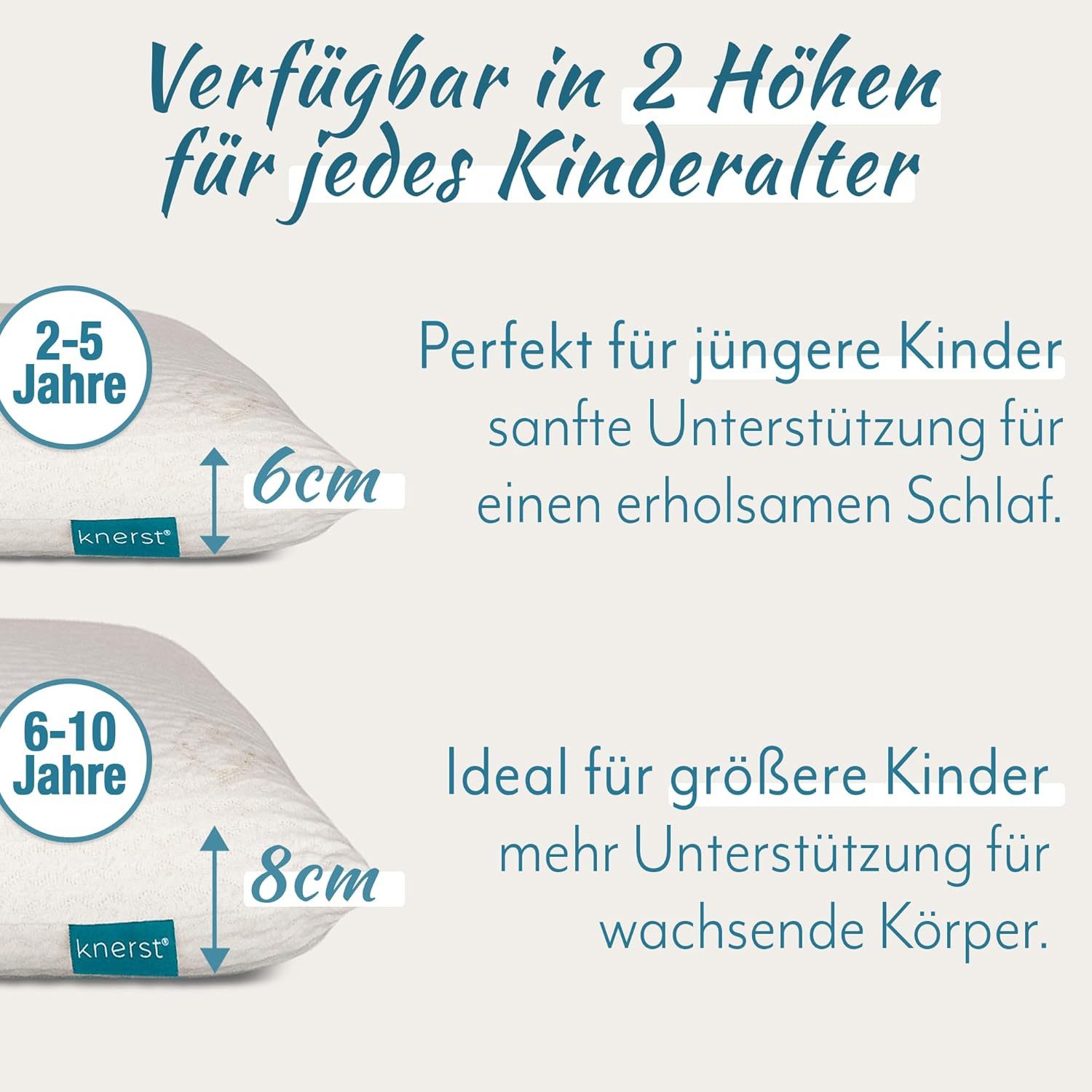 KNERST Kopfkissen für Kinder Memory Schaum Kinderkissen 2-5 Jahre u. 6-10 Jahre, Füllung: CosyPUR Memory Gedächtnisschaum, Seitenschläfer, Bauchschläfer, Rückenschläfer, Nackenstützkissen - stützend & gemütlich - Made in Germany