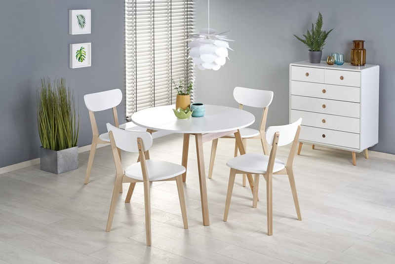 designimpex Esstisch Design Tisch HAR-111 Weiß matt - Honigeiche rund ausziehbar 102-142cm