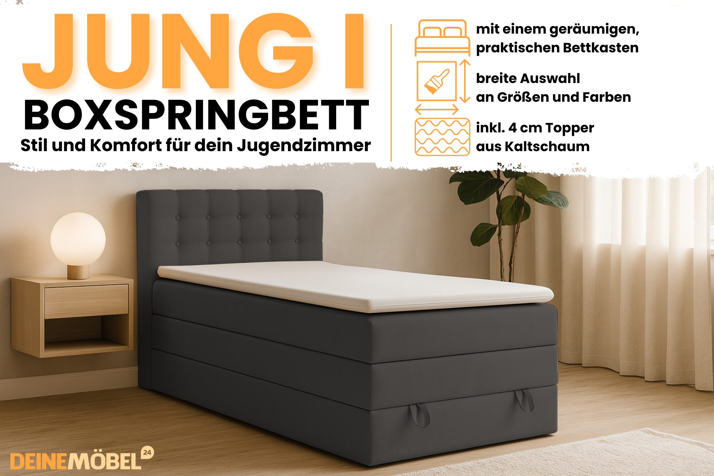 Deine Möbel 24 Boxspringbett JUNG 1 Polsterbett Komplettbett Hotelbett inkl. Topper (für Jugendliche Jugendbett Hellgrau Grau Anthrazit Schwarz Beige, 3-St., Bonellfederkernmatratze H3 Taschenfederkernmatratze H4), 90x200 100x200 120 cm Einzelbett Boxspring Hotelbett Veloursstoff