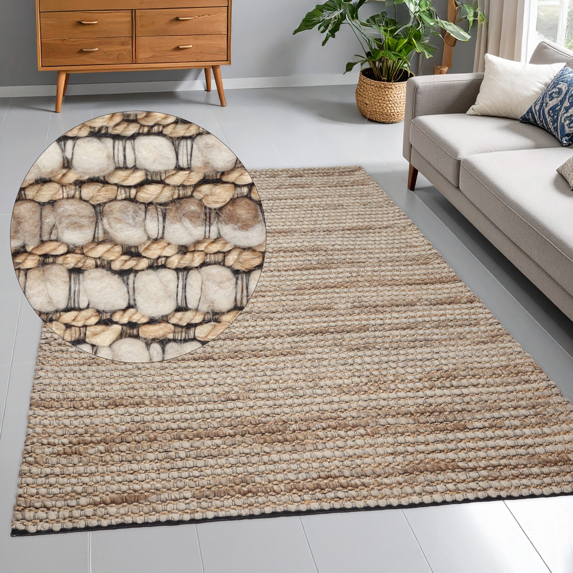 OTTO home Wollteppich Leevy, Wolle und Jute, handgewebt, Handweb Teppiche, rechteckig, Höhe: 25 mm, schöne Streifenoptik, Wohnzimmer, Schlafzimmer, Esszimmer