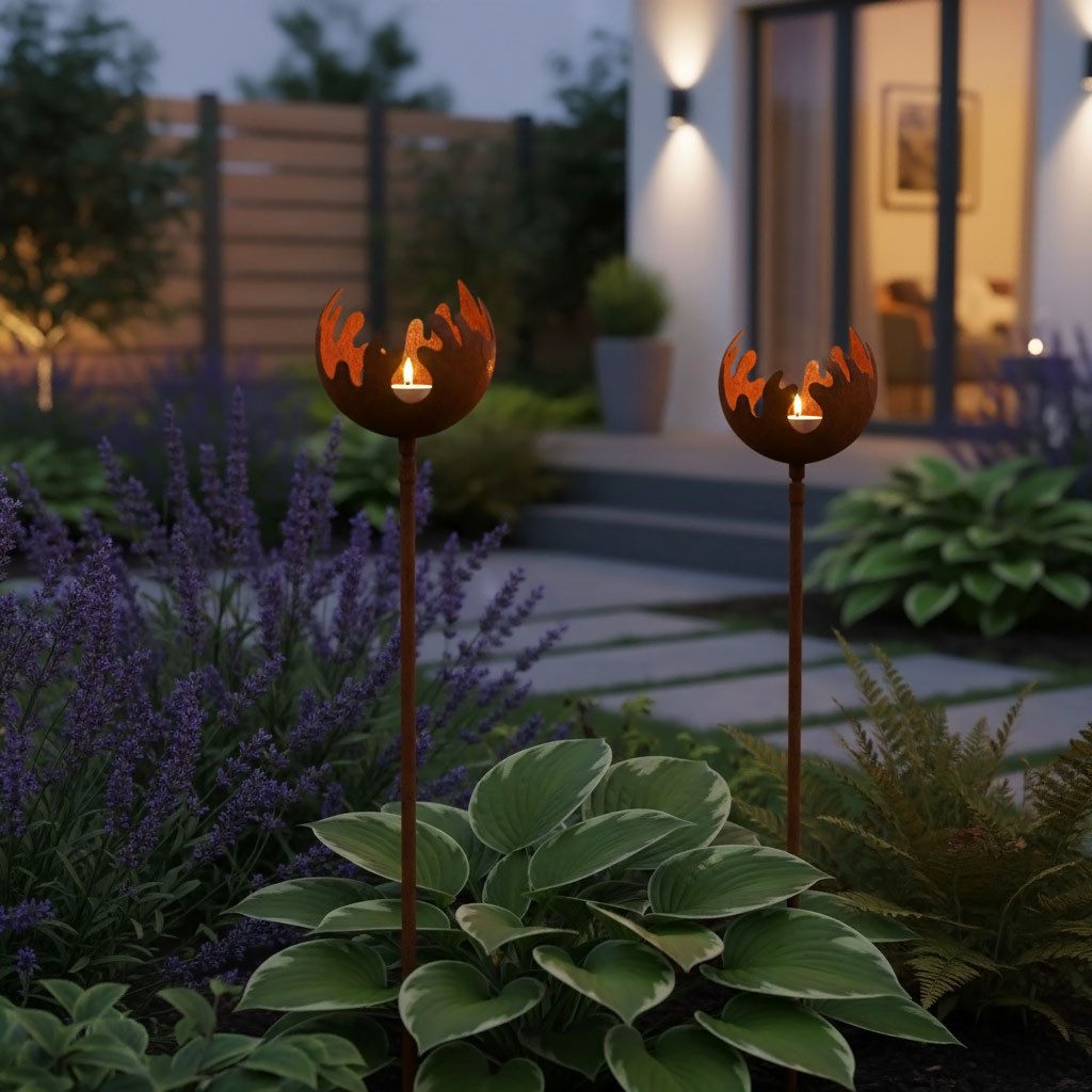 Spetebo Gartenstecker Metall Gartenstecker Naturrost Feuerball klein (Stück, 1-St) Deko Windlicht mit Naturrost – Bild 5 von 5