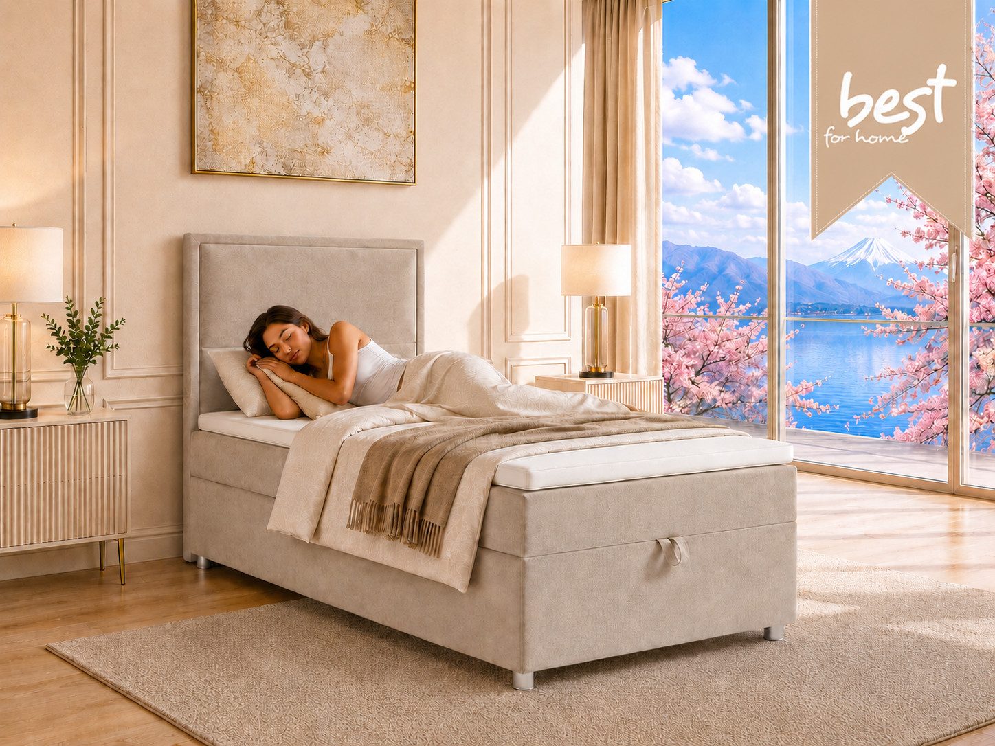 Best for Home Boxspringbett K-11 SINGLE mit Bettkasten, Bonellfederkern, Komfort Topper H3 (Hotelbett, Einzelbett, Kinderbett, Juniorbett, 5-St., 70x200 80x200 90x200 100x200 cm), Einzelbett mit integriertem Stauraum, gepolstertem Kopfteil