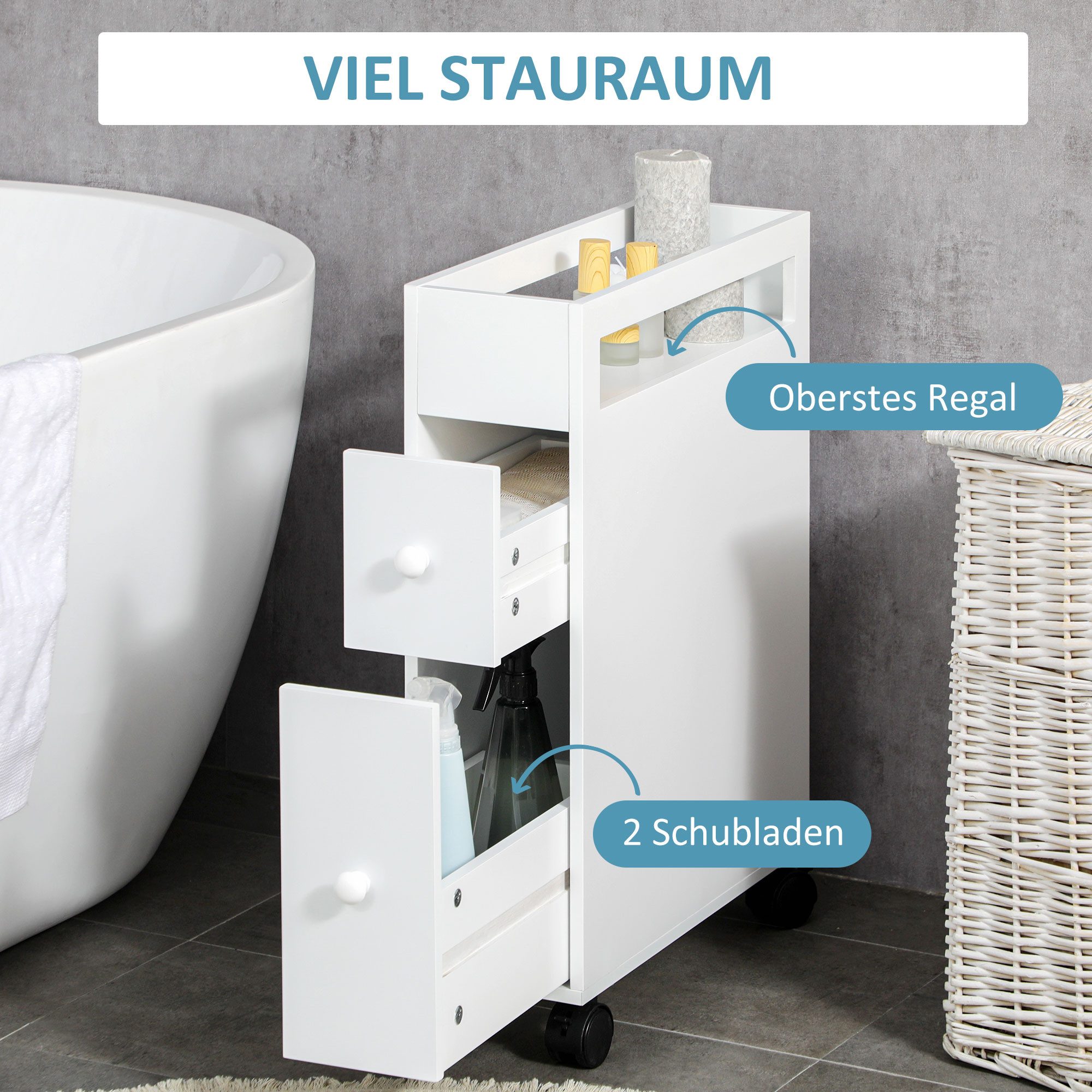 HOMCOM Badkommode Badezimmerschrank schmal mit Schublade auf Rollen, Badschrank (Badrollwagen, 1 St., Nischenschrank), für Bad, 16 x 49,5 x 66 cm, Weiß – Bild 4 von 5