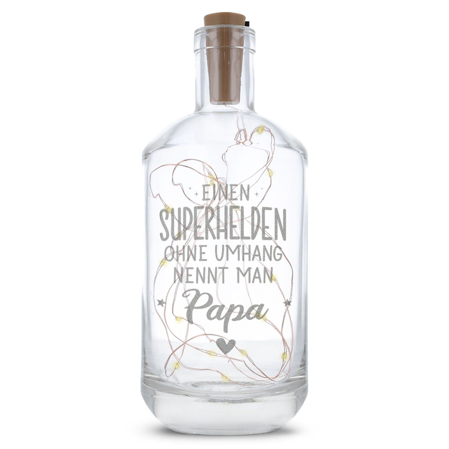 GRAVURZEILE Lichterkette Flasche mit Gravur - Superheld Papa Design, 20 LEDs Lichterkette mit Schalter am Korken Drahtlichterkette