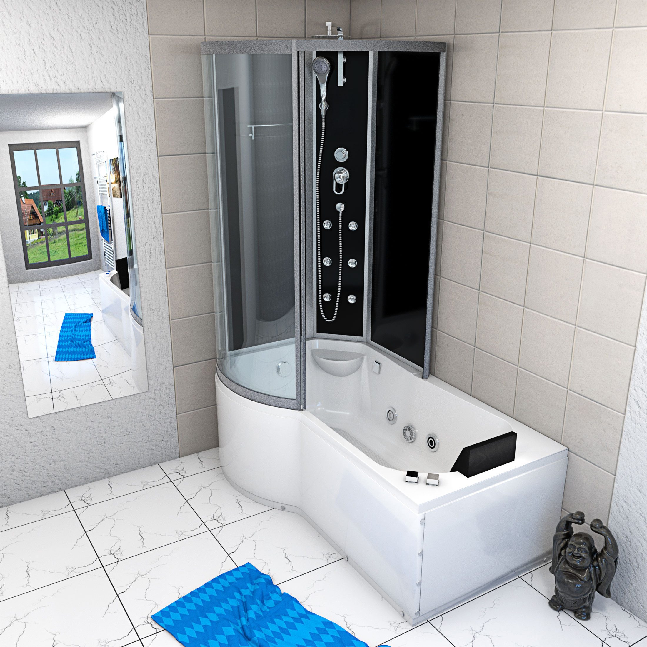 AcquaVapore Grossraumdusche Whirlpool Wanne Duschkabine sw K50-R30-WP-ALL 100x, Sicherheitsglas ESG, Integrierte Massagedüsen, Integrierte Wannen Beleuchtung, Nackenstütze