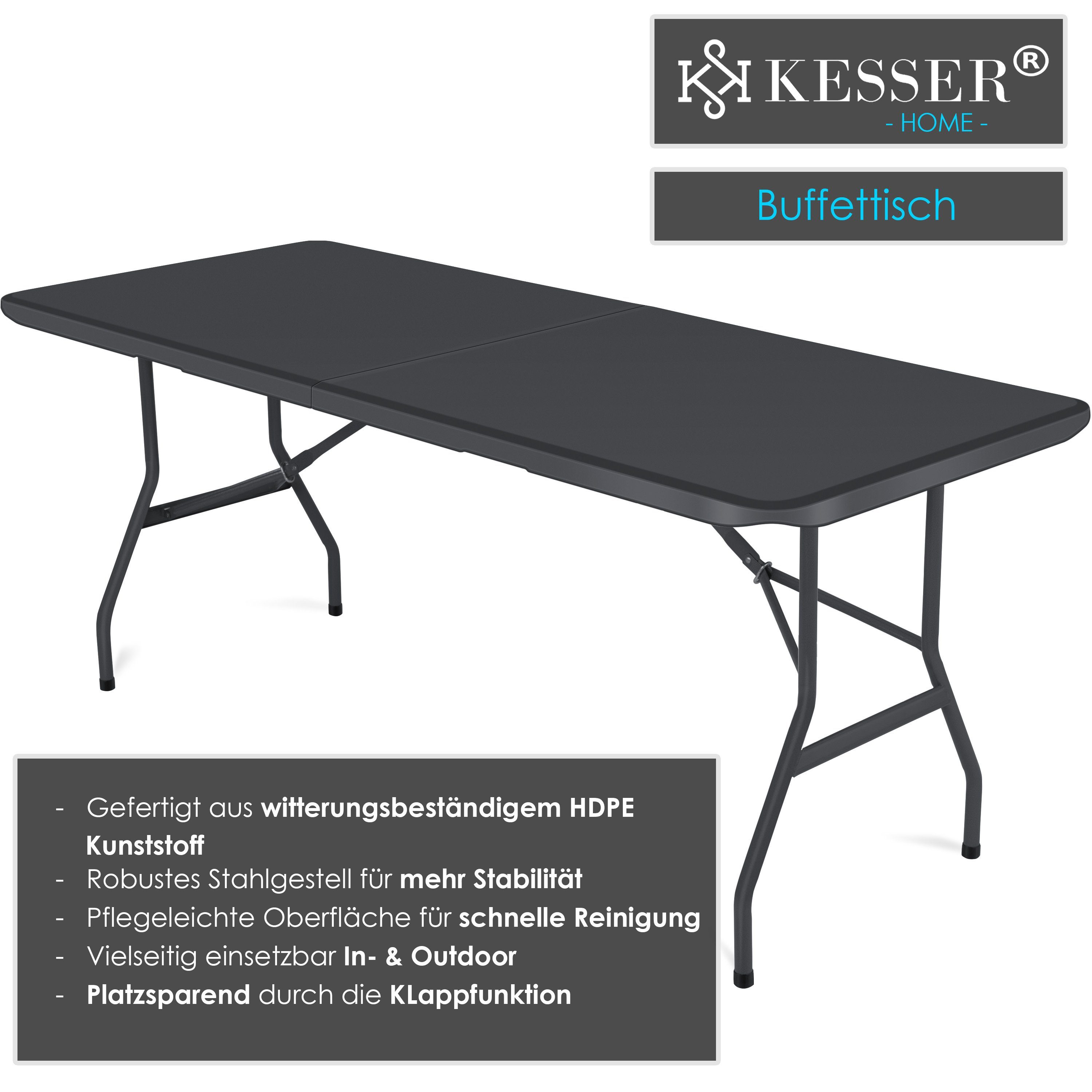 KESSER Tabletttisch, anthrazit cm 183x76 Campingtisch Kunststoff Tisch klappbar Buffettisch