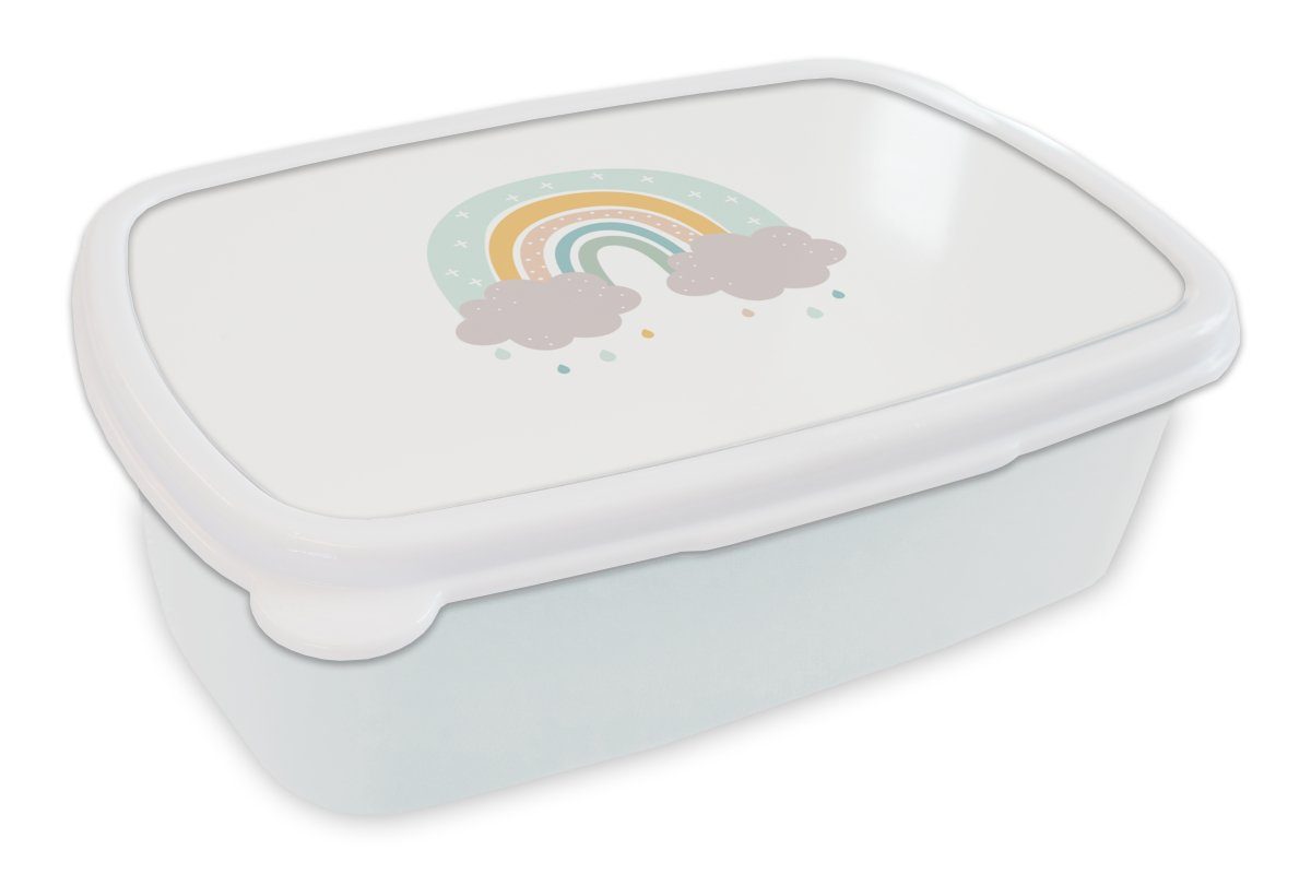 MuchoWow Lunchbox Regenbogen - Wolken - Regen - Kinder - Pastell, Kunststoff, (2-tlg), Brotbox für Kinder und Erwachsene, Brotdose, für Jungs und Mädchen weiß