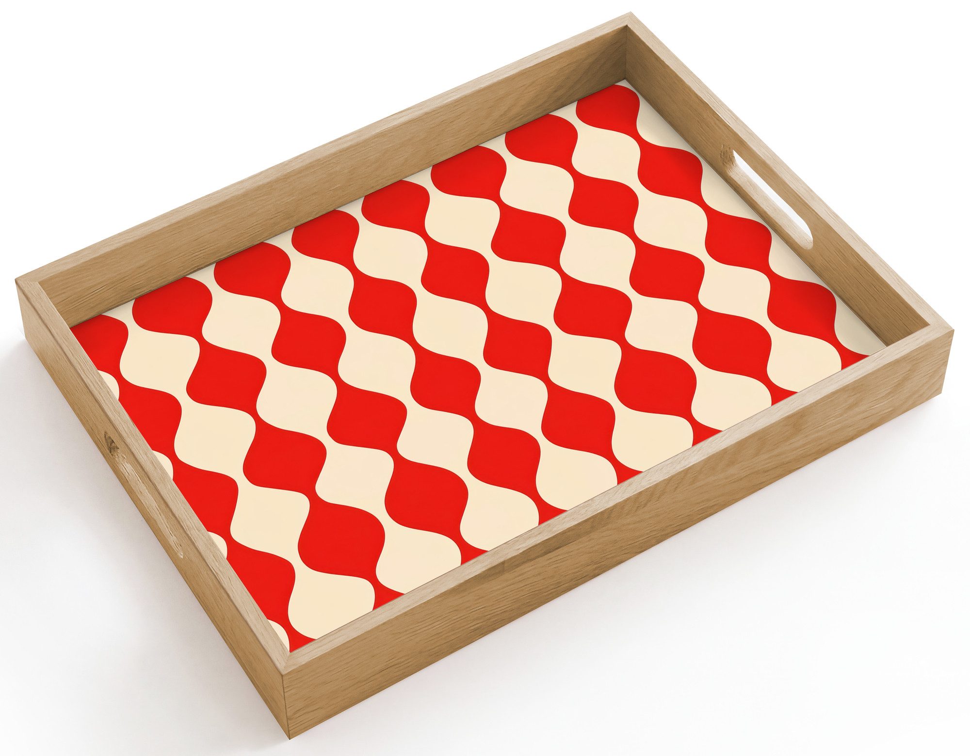 OnlyWow Tablett Rechteckig mit Henkel Wellenförmiges Muster - Retro - Rot - Beige, Eichenholz, (1-tlg), Siervierplatte, Tray, Frühstücksbrett