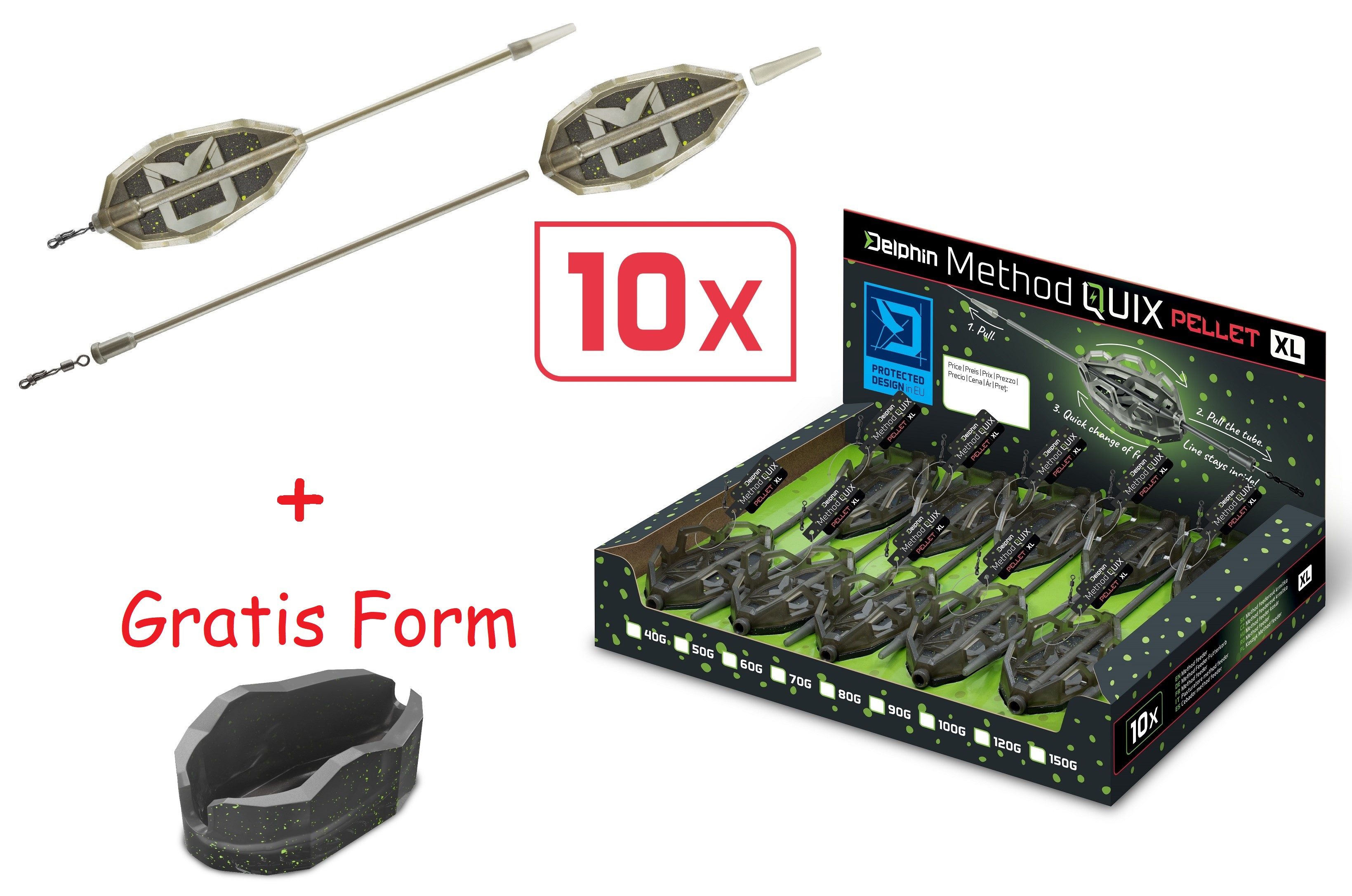 Delphin.sk Feederkorb 10 Stück SET - Pellet Futterkorb Method Feeder QUIX XL + Gratis Form, (11-St), 10er Spar Set mit Gratis Form