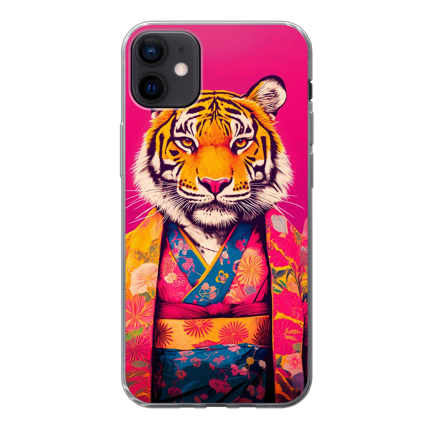 MuchoWow Handyhülle für Apple iPhone 12 Mini Tiger - Kimono - Pflanzen - Rosa, Smartphone-Bumper, Print, Handy Schutzhülle Dünn