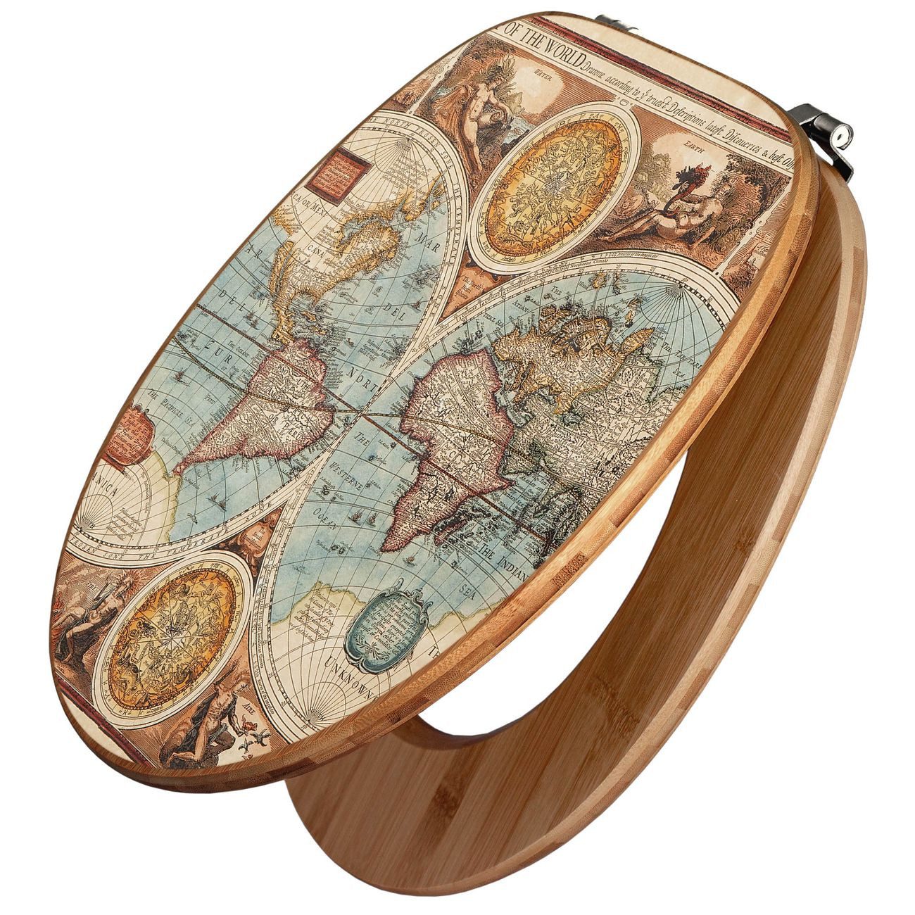 banjado WC-Sitz Bambus Motiv Historische Weltkarte (umweltfreundliches Material, Edelstahl Scharniere), 44 x 38 x 5 cm