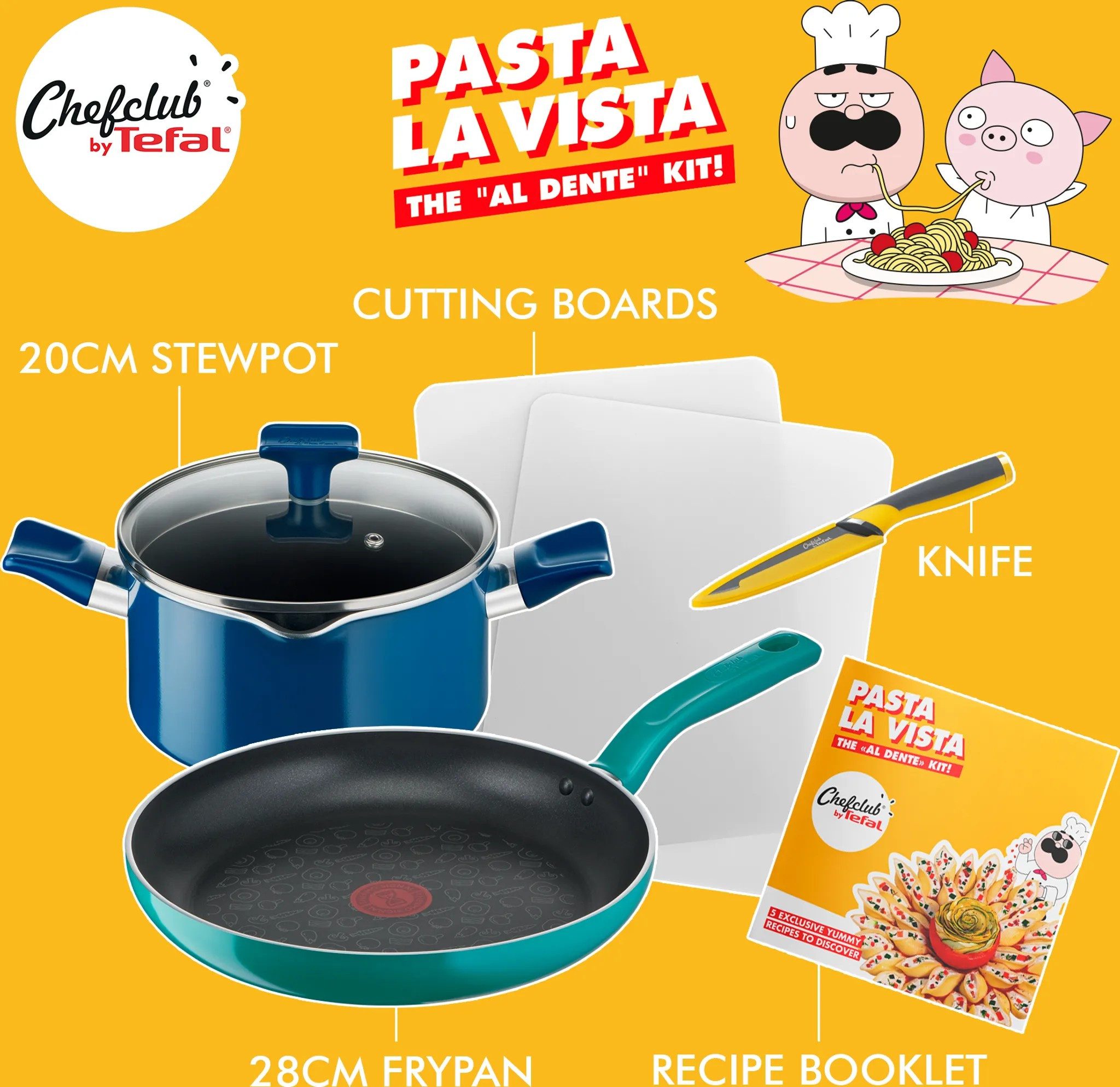 Tefal Topf-Set Tefal Pasta La Vista Kochgeschirr-Set, Aluminium (6-tlg), Pfanne 28cm & Kochtopf 20cm Inkl. Messer, Schneidebretter & Rezeptheft