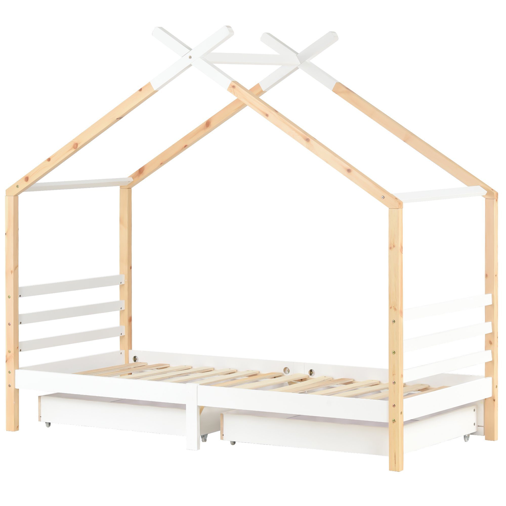 Massivholzbett Schubladen Flieks Weiß Hausbett Holzfarbe mit 2 (1-tlg), Kinderbett 90x200cm und