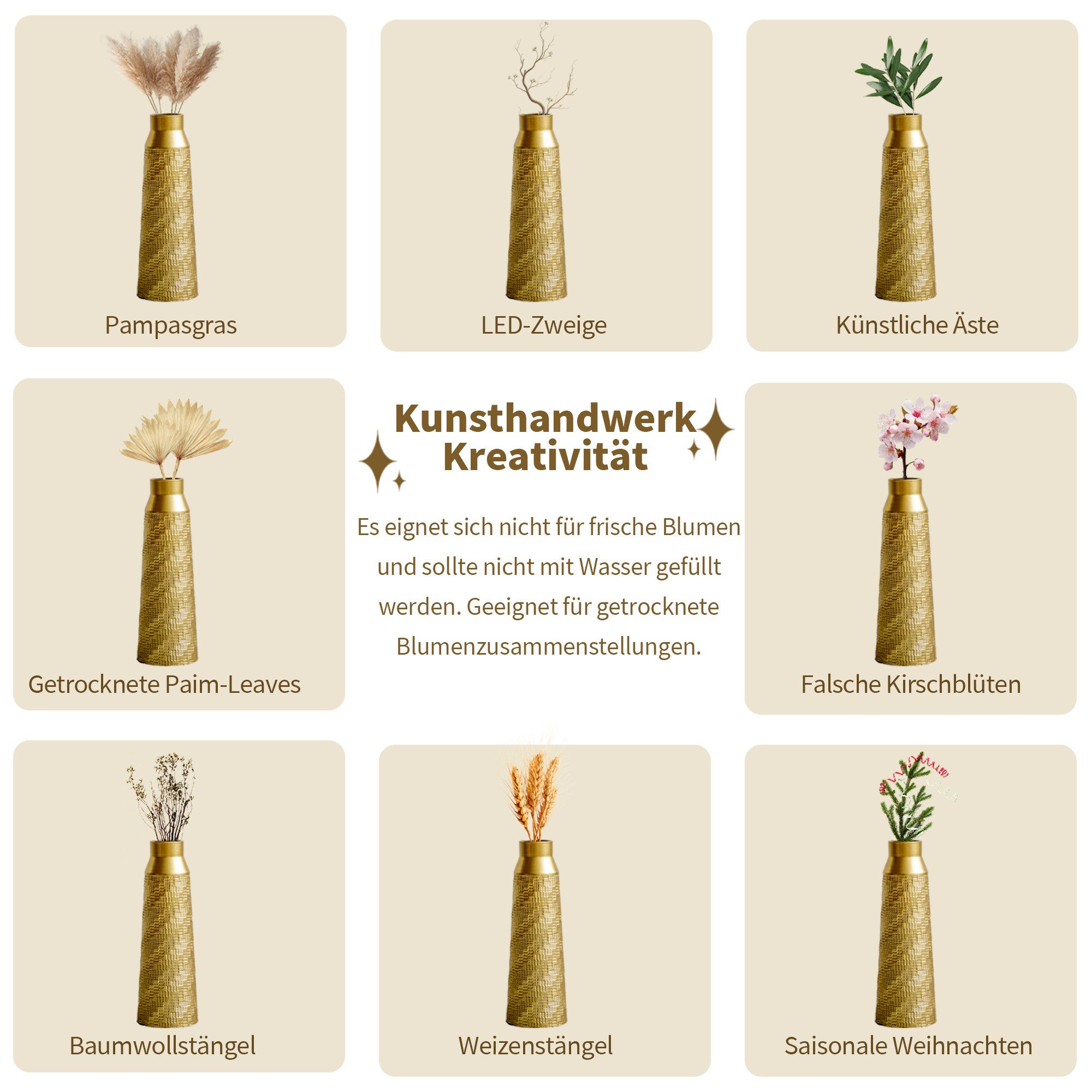 KLAM HOME Bodenvase Große Bodenvase 3er Set aus Metall, (50/65/83 cm), Mid-Century Modern (Dekovase Boden bis zur Decke reichende Vase, hohe dekorative Vase), V – Bild 4 von 5
