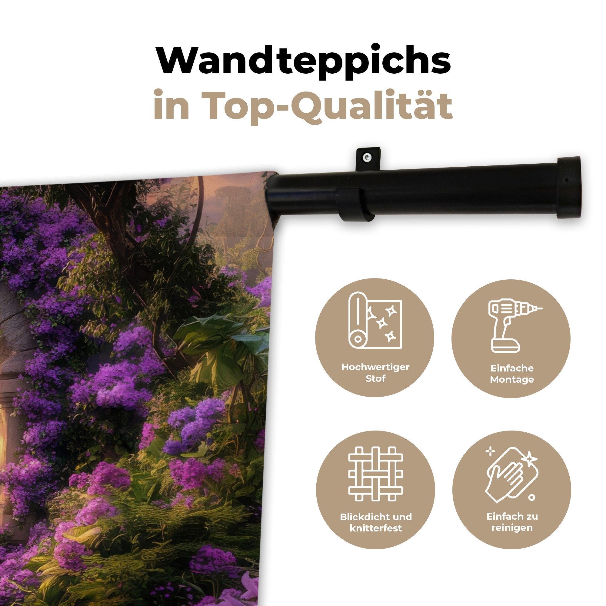 MuchoWow Wandteppich Tor - Lila - Blumen, Rechteckig, Höhe: 3 mm, Wandteppich für Wohnzimmer, Schlafzimmer, 60x40 cm