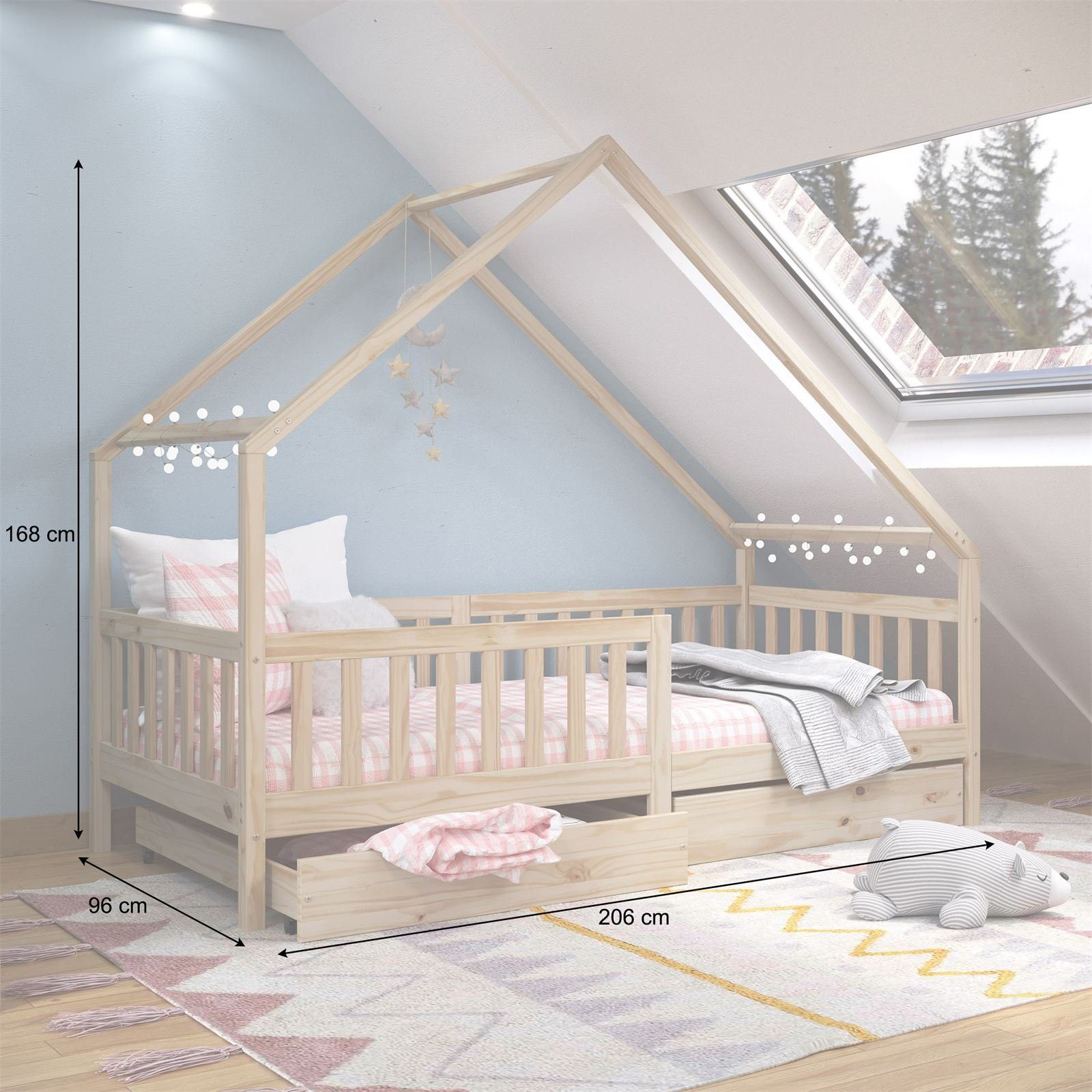 IDIMEX Hausbett ALVA, Hausbett Montessori Kinderbett 90 x 200 Kiefer 2 Schubladen
