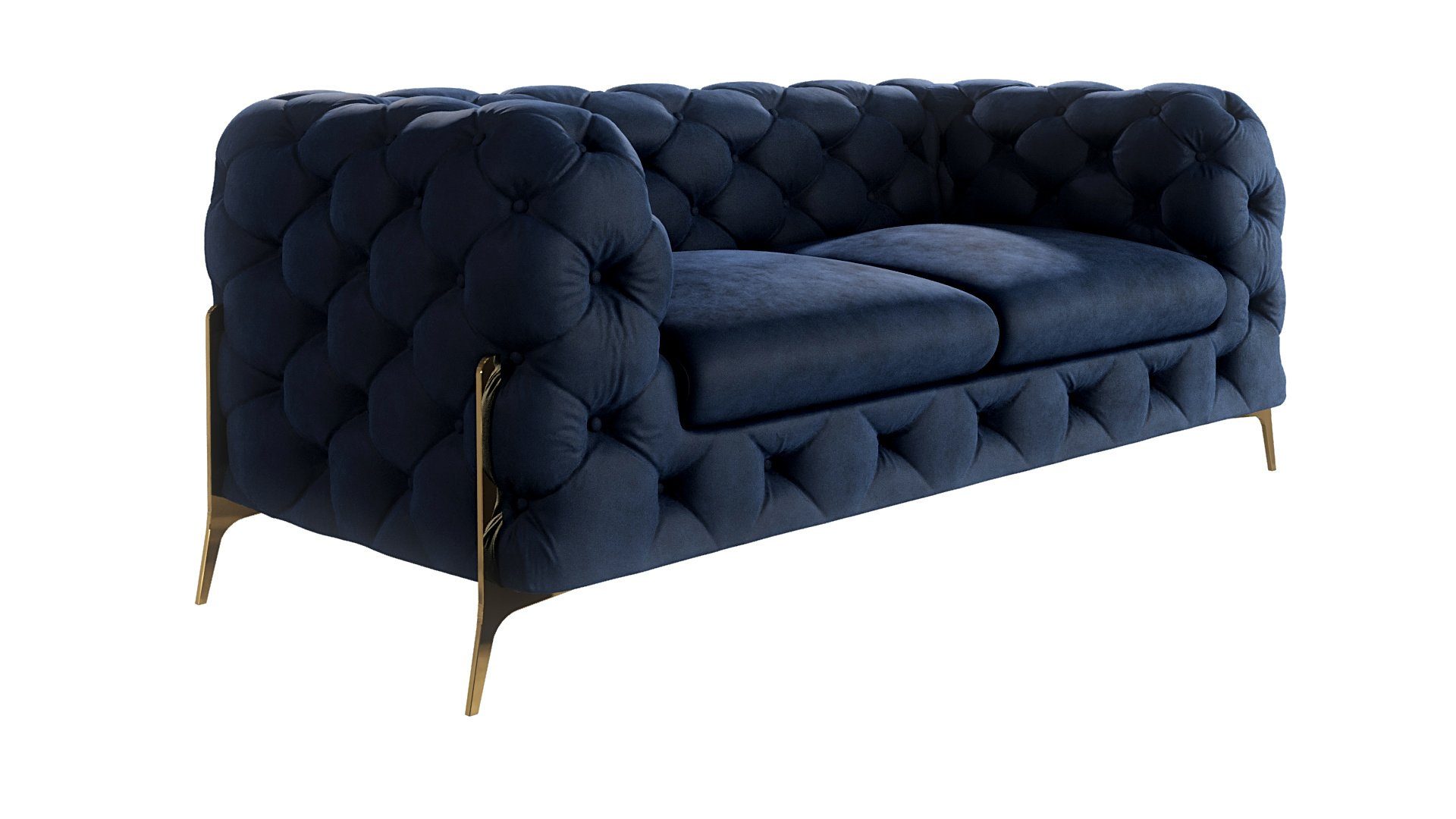 Füßen, S-Style Ashley mit Chesterfield Marineblau mit Goldene 2-Sitzer Sofa Metall Möbel Wellenfederung