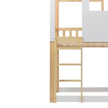 BlingBin Etagenbett Etagenbett Hausbett Kinderbett, mit Rahmen aus Kiefer, 90x200cm (mit rechtwinkliger Leiter und Rutsche), mit Dach und Fenster, mit Fallschutz und Gitter
