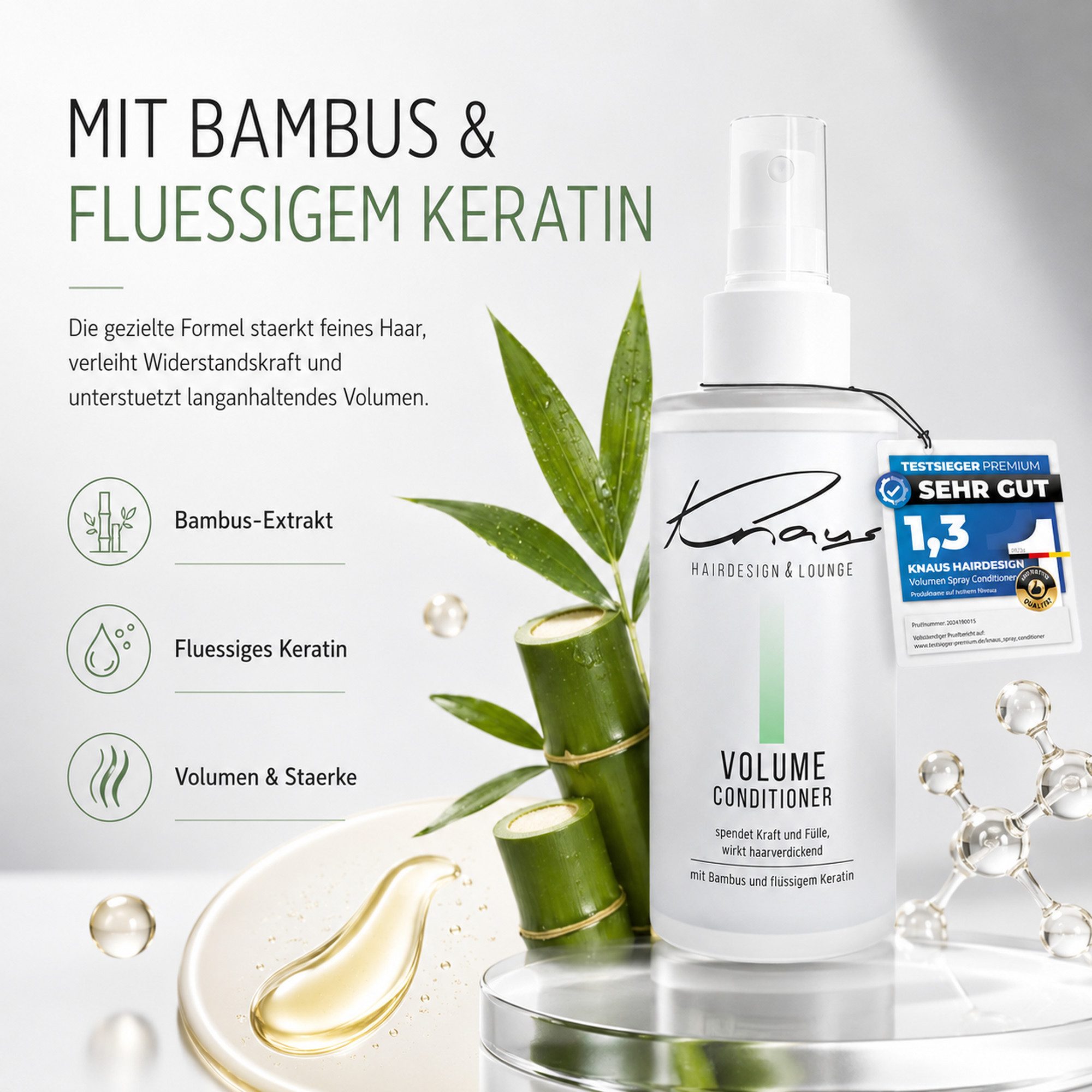 Knaus Hairdesign Haarpflege-Spray VOLUMEN Leave-in Spray, für feines Haar, Sprühconditioner, Mit Bambus und Flüssigkeratin ohne ausspülen