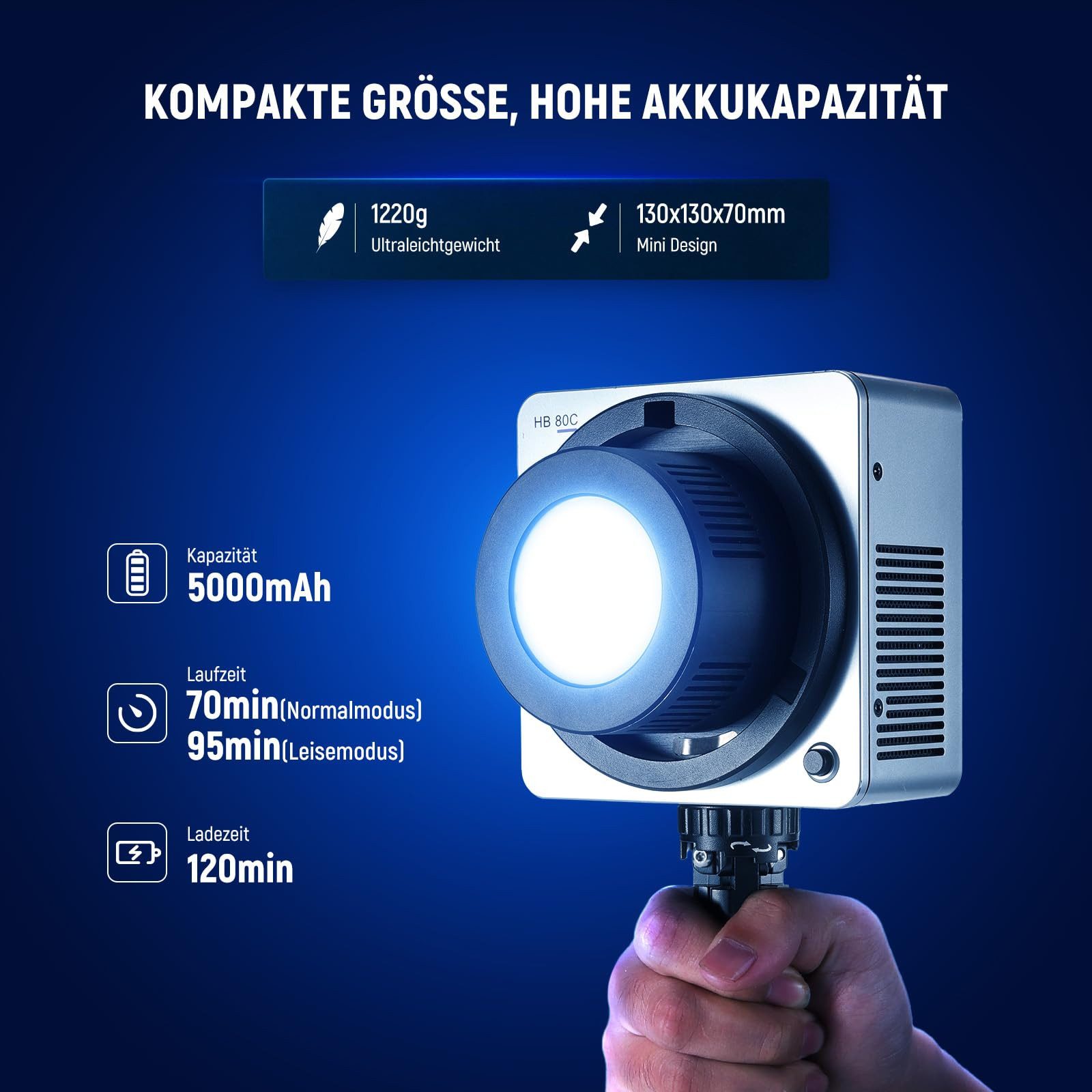 Neewer Videoleuchte HB80C 80W RGBWW LED Videolicht mit 72Wh Akku & 100W PD Schnellladung, Energie Efizienz Label (A bis G):G