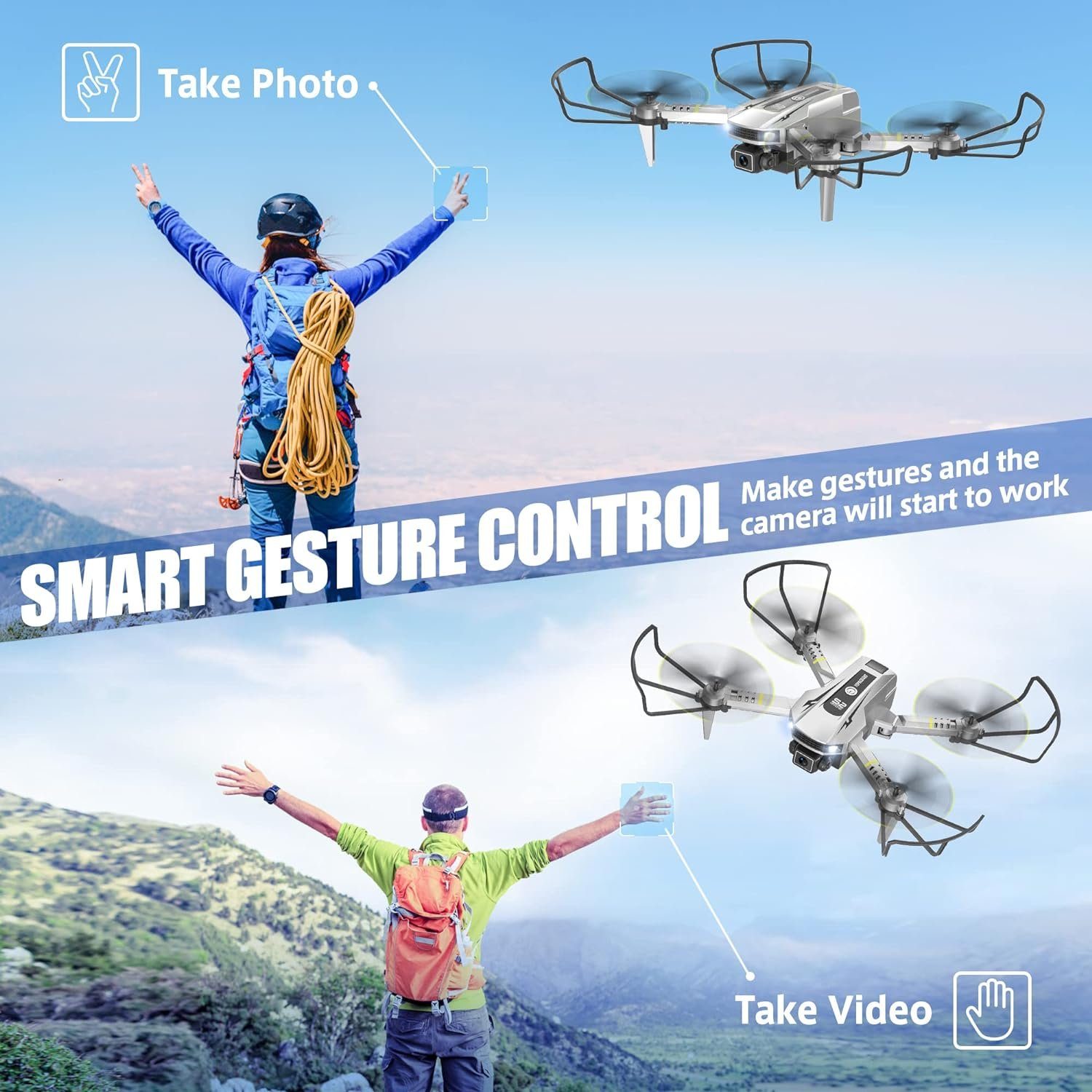 TOPRCBOXS Drohne (1080P, Kamera faltbare 360° Flips) Flugbahnflug Gestensteuerung FPV-Quadcopter