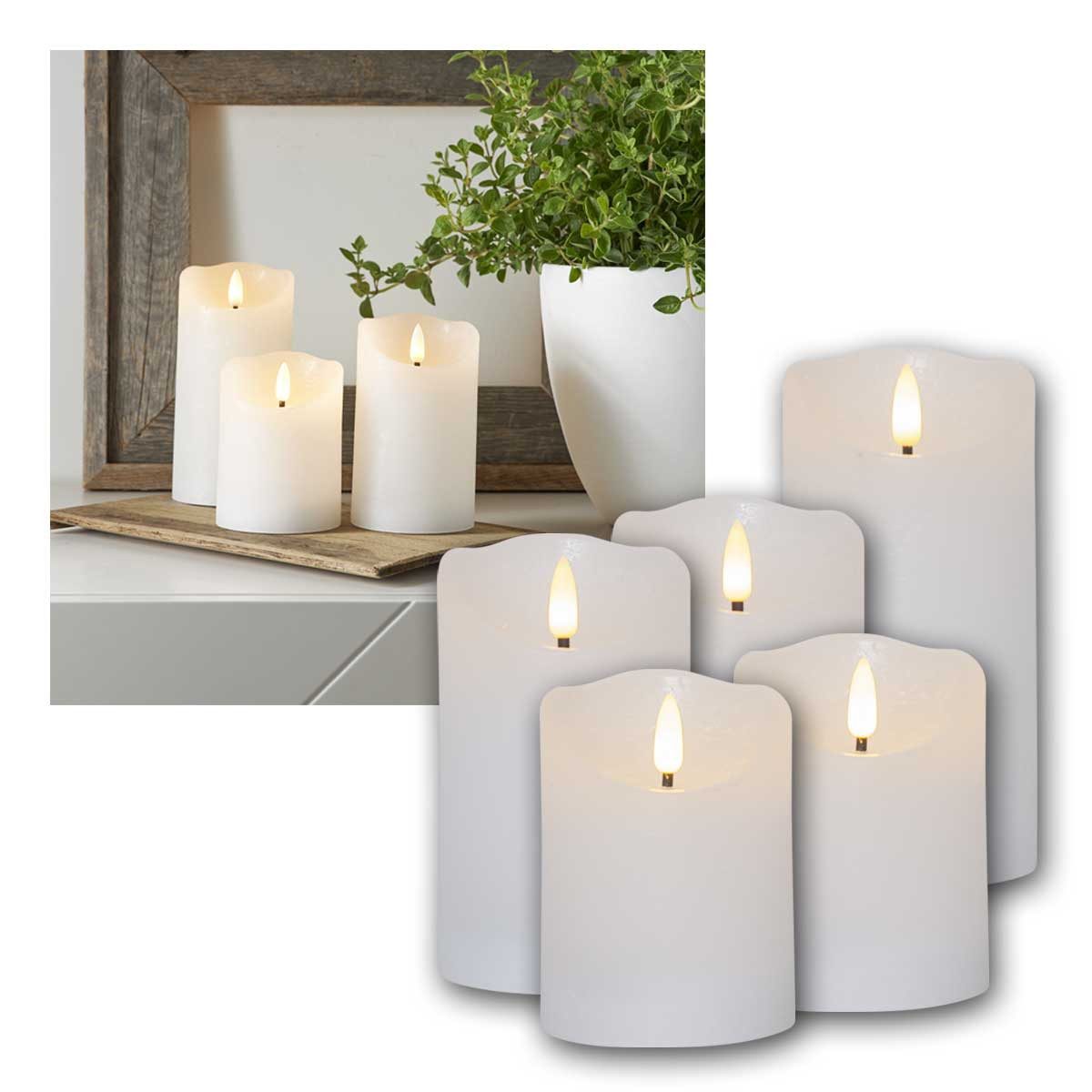 STAR TRADING LED-Kerze LED Echtwachs-Kerze 3D FLAMME RUSTIC 5er Set weiß