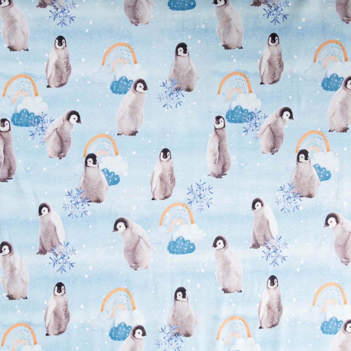 SCHÖNER LEBEN. Stoff Jersey Stoff Digitaldr. Pinguin Schneeflocke Wolken blau grau 1,45m B., allergikergeeignet