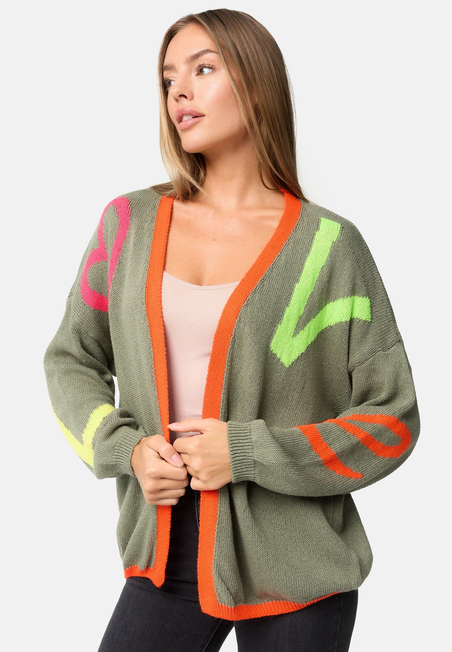 Cardigan 80ies Strickjacke (Trendige PM Muster, PM78 Olive SELECTED Love Baumwollanteil, Cardigan im Neonfarben Style)