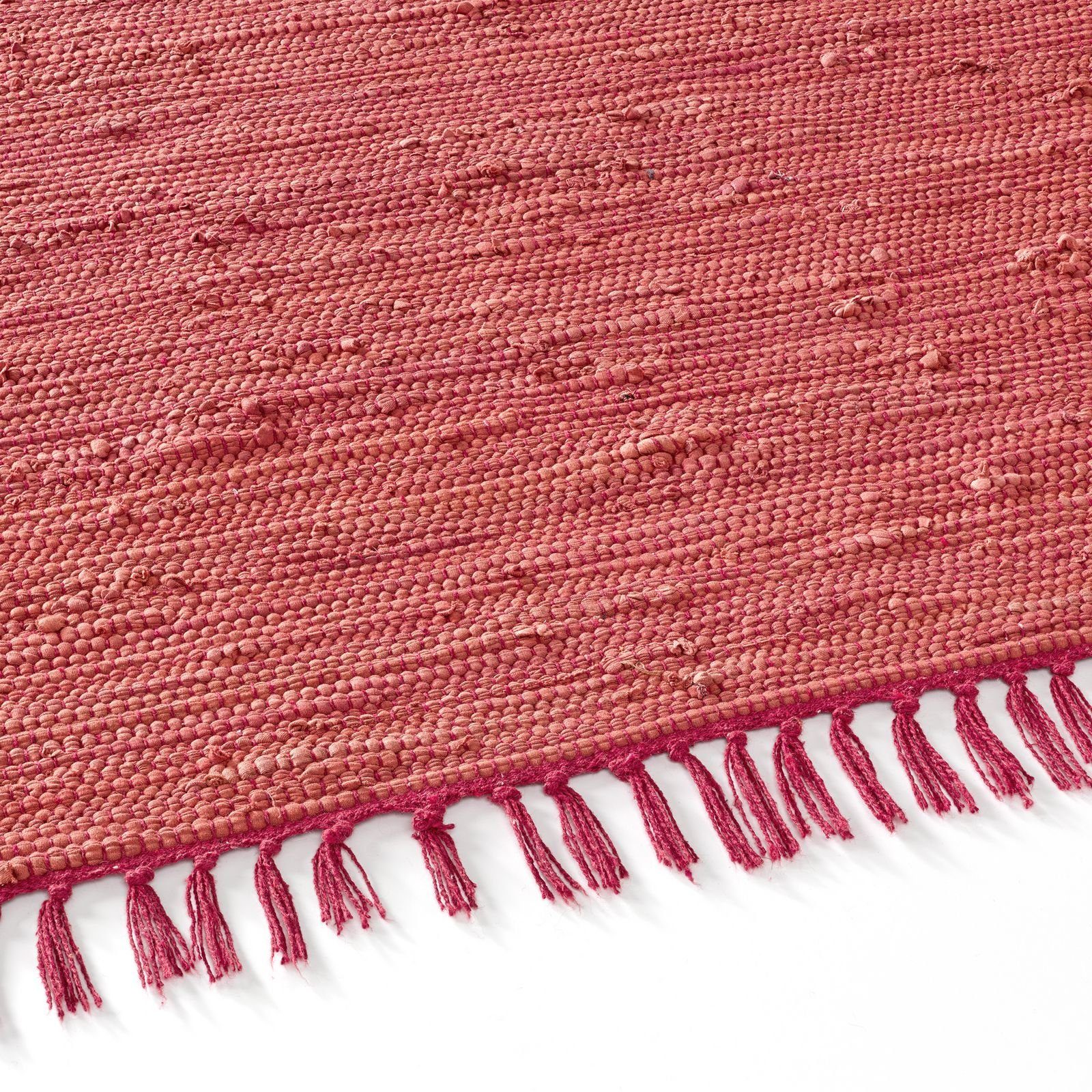 Teppich rot TaraCarpet Sylt mit Höhe: TaraCarpet, Fransen, 5 mm, Küchenteppich Wohnzimmer nachhaltig Flickenteppich rechteckig, Schlafzimmer 060x090