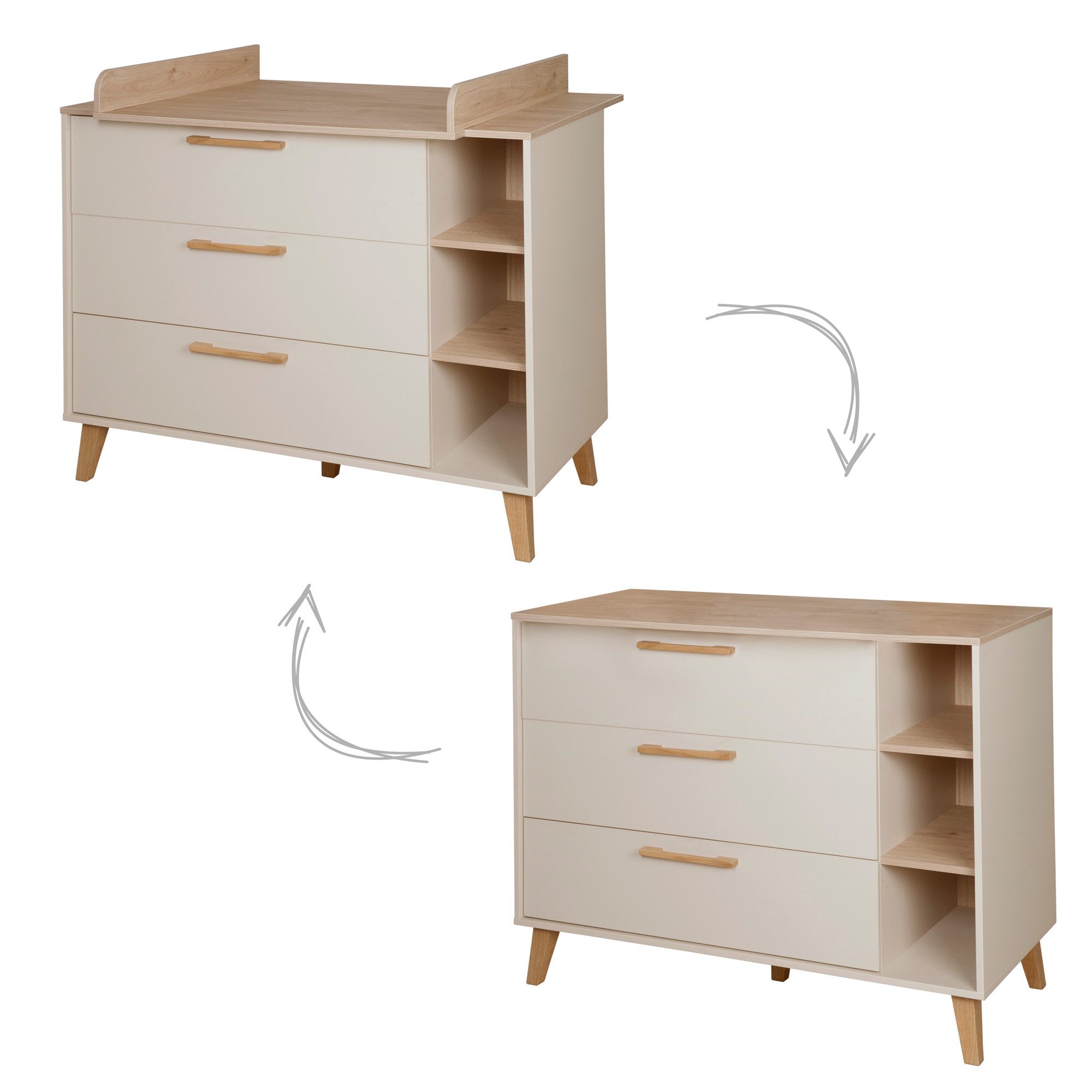roba® Wickelkommode Jil mit Schubladen - Soft-Close Technik - Abnehmbare Wickelaufsatz, Griffe aus Massivholz - Umbaubar zum Sideboard - Cashmere / Chestnut