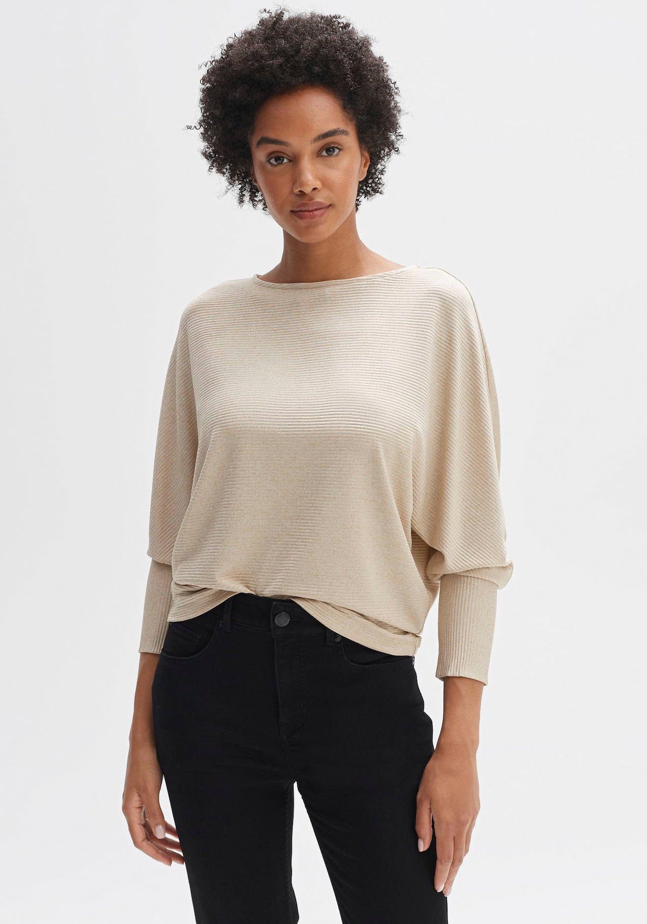 Langarmshirt Rippbündchen mit Ärmeln OPUS hohen an goldbeige