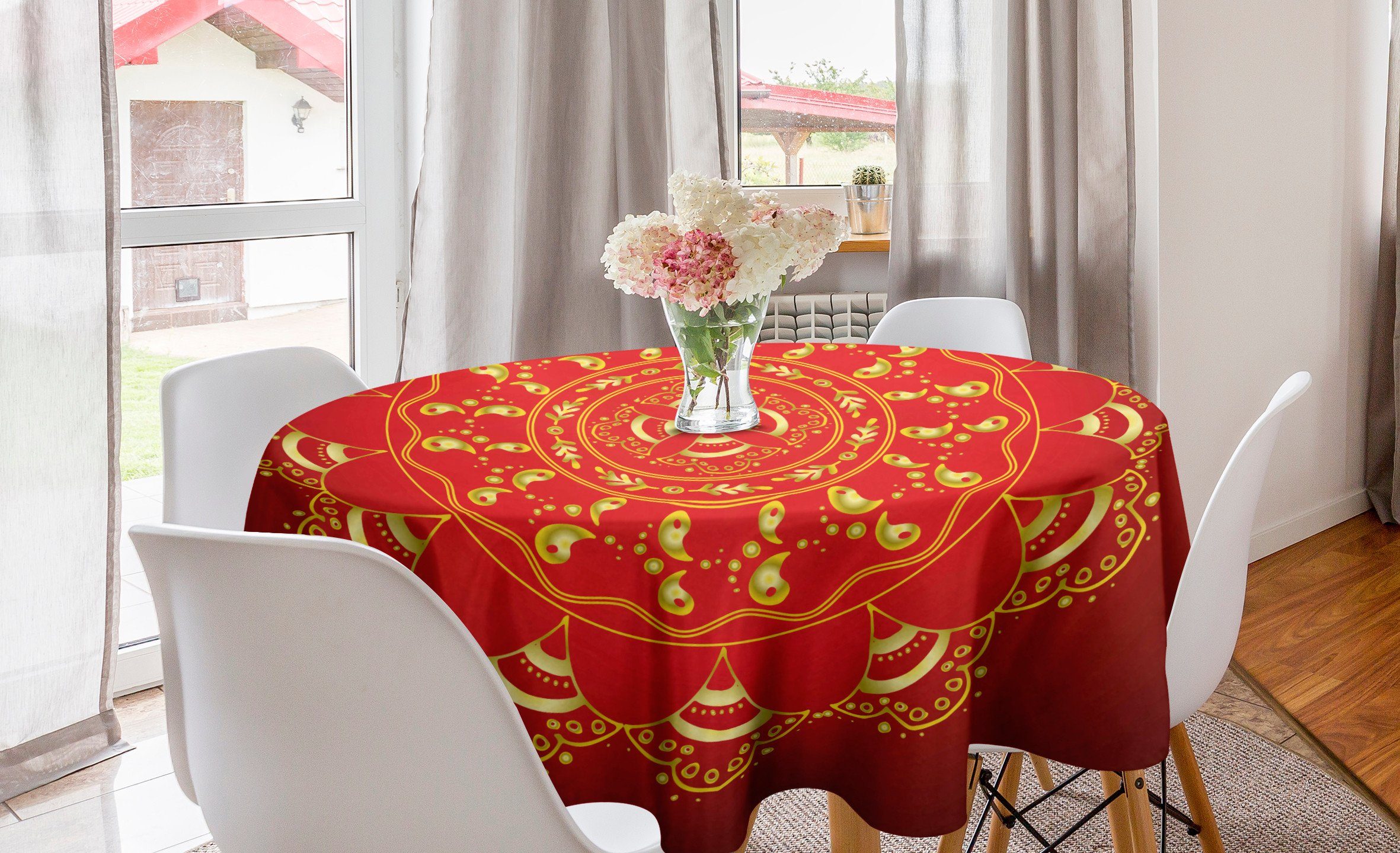 Abakuhaus Tischdecke Kreis Tischdecke Abdeckung für Esszimmer Küche Dekoration, Red Mandala Aufwändige Kunst