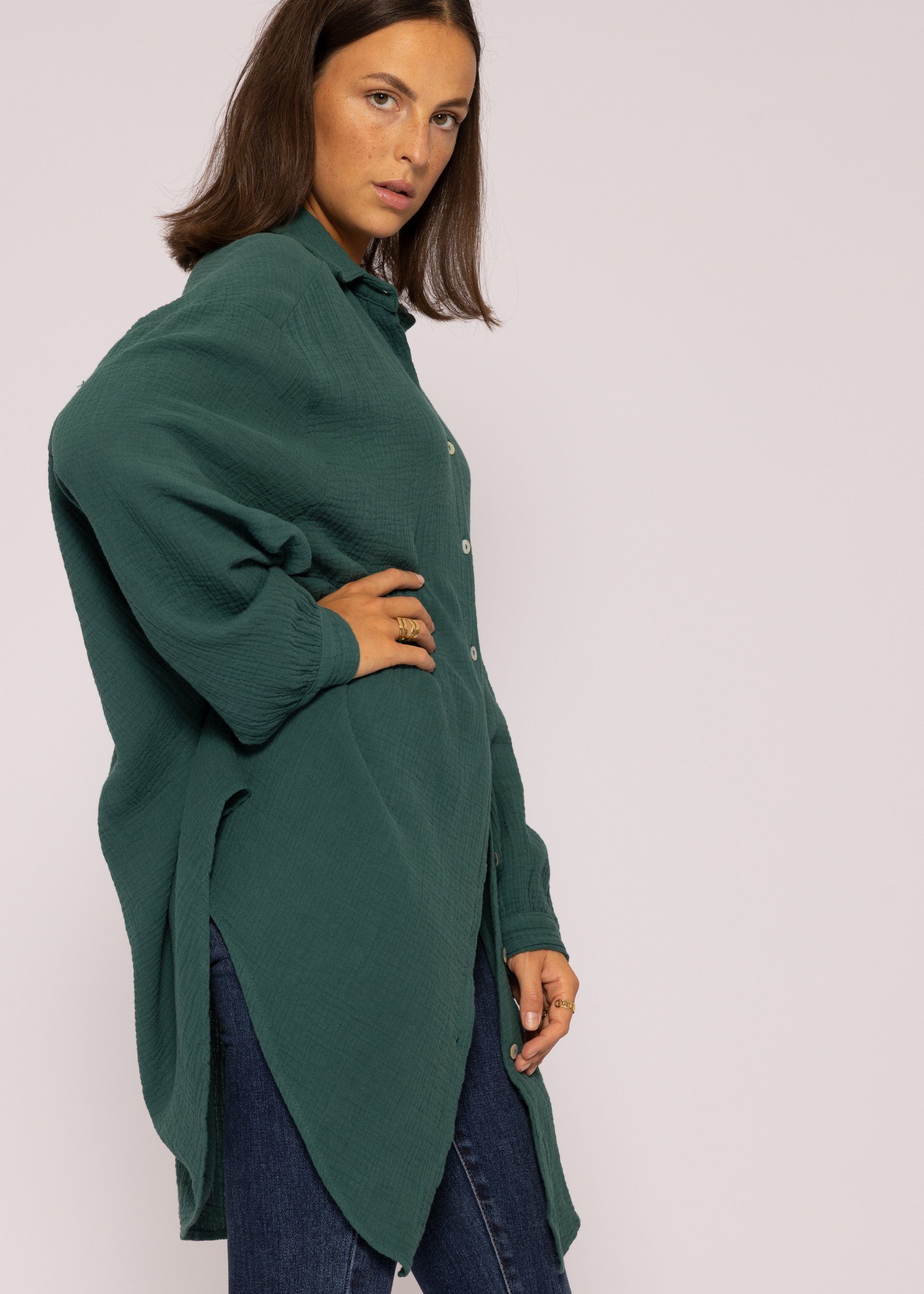 One Longbluse Baumwolle Size (Gr. Langarm Damen aus Musselin Bluse lang mit Hemdbluse Dunkelgrün SASSYCLASSY V-Ausschnitt, Oversize 36-48)