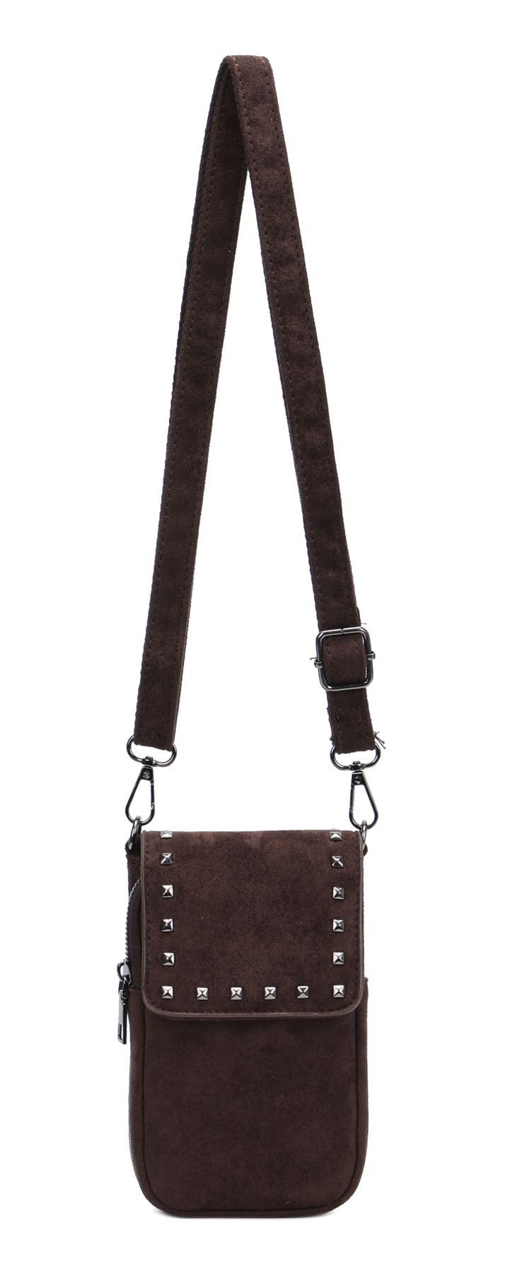 ITALYSHOP24 Geldbörse Damen Tasche Bodybag Schultertasche Wildleder-Optik Crossbody Nieten (Spar-Set Clutch-Tasche mit einem breitem Stoffgurt/Umhängeband, Wildleder-Optik), Handytasche Umhängetasche Geldbörse Freizeit Crossover Samt Smartphone