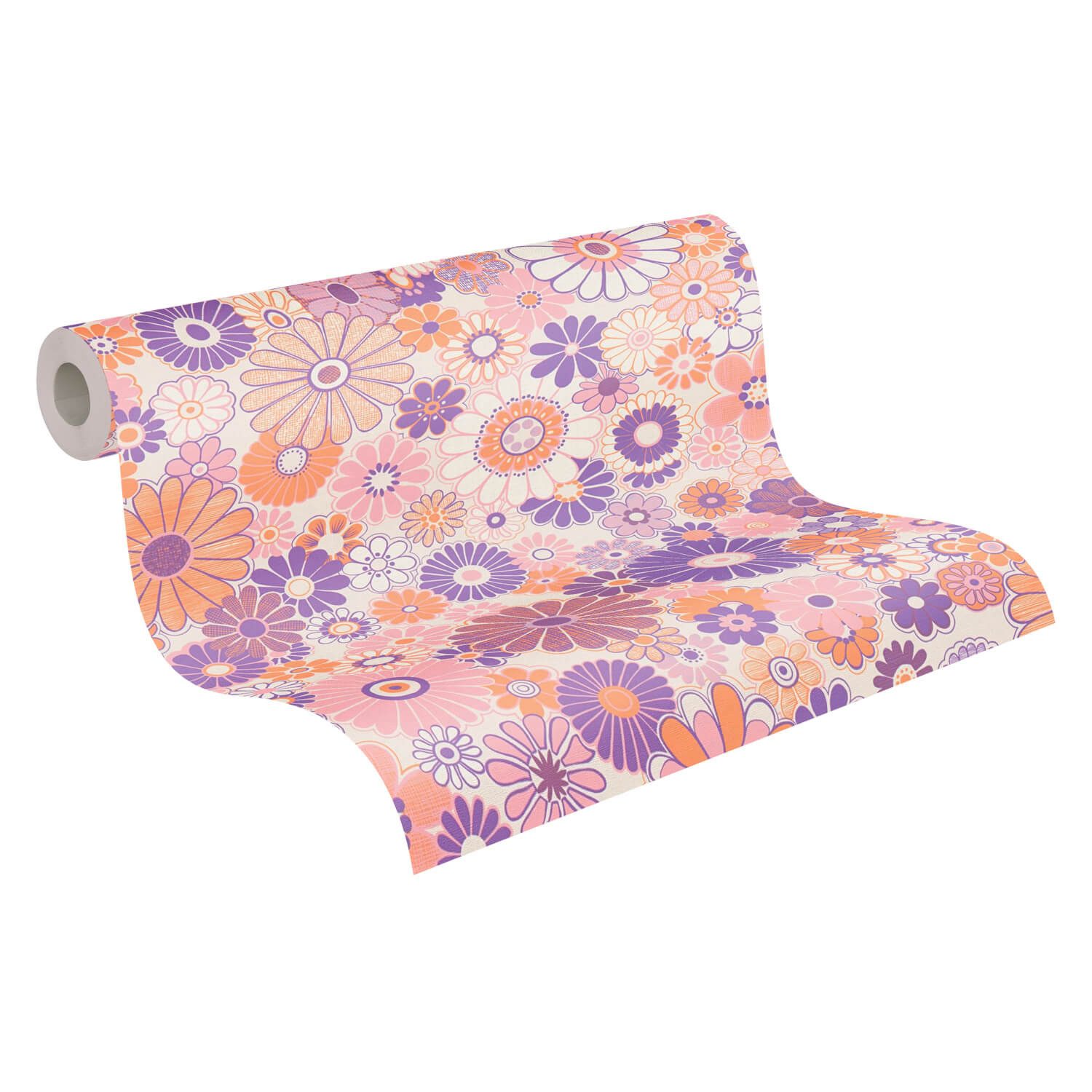 Profhome Vliestapete 395351-GU Retro Tapete Blumen matt lila orange-braun creme-weiß, geprägt, (1 Rolle, 4,51 qm), heißgeprägte Vliestapete, flieder