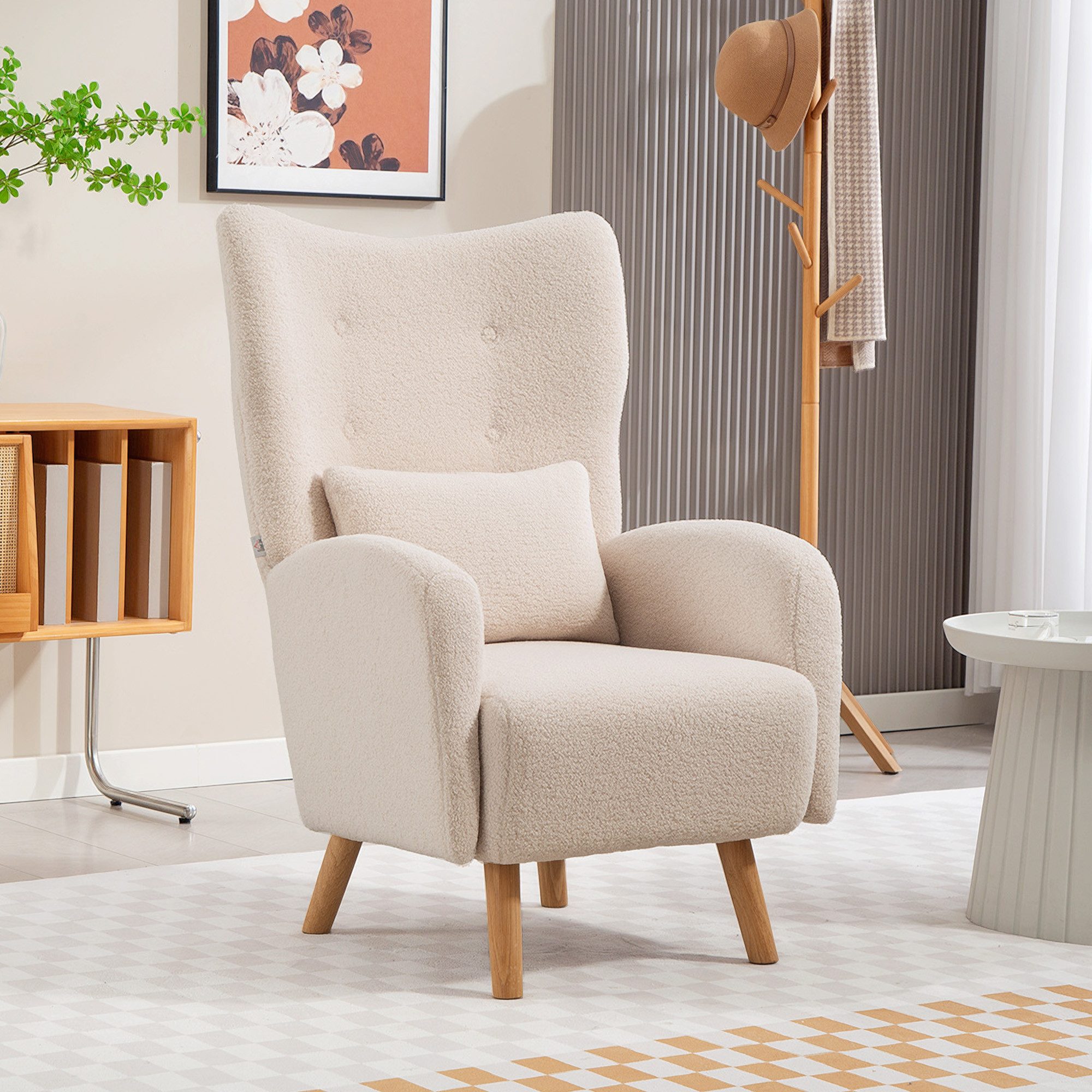HOMCOM Relaxsessel Ohrensessel mit Lendenkissen, Geplosterter Sessel, Holzbeine (Loungesessel, 1-St., Relaxsessel), für Wohnzimmer, Schlafzimmer, Beige