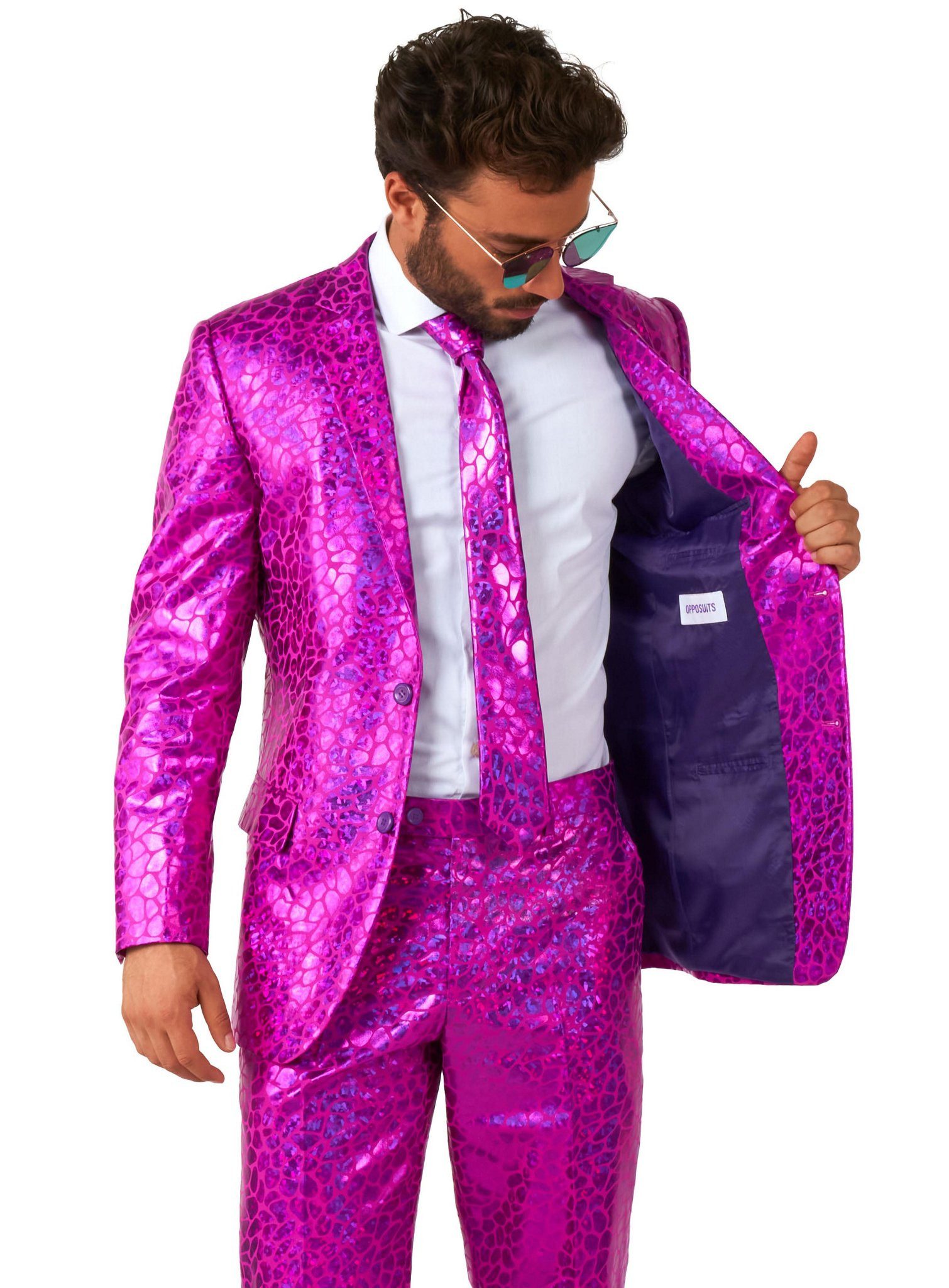 Opposuits Partyanzug Peppy Pink Anzug, Ein ganz seltenes Exemplar: die pink-metallische Disco-Echse!
