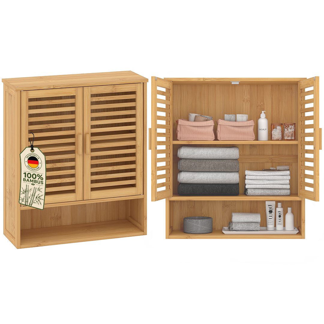 Bellamio Hochschrank Newa aus Bambus, Badezimmerschrank mit Ablage, lackiert (3 Fächer, Wandmontage) Hängeschrank 66,5×21×59 cm, verfügbar in verschiedenen Ausführungen