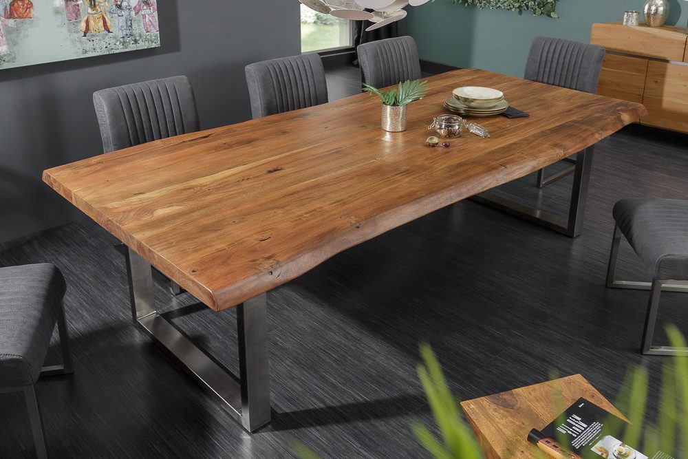riess-ambiente Esstisch MAMMUT 220cm natur/silber - Akazie, Metall, Kufengestell, Baumkante (Einzelartikel, 1-St), Urbaner Massivholztisch für 12 Personen - ideal für Wohn- & Esszimmer