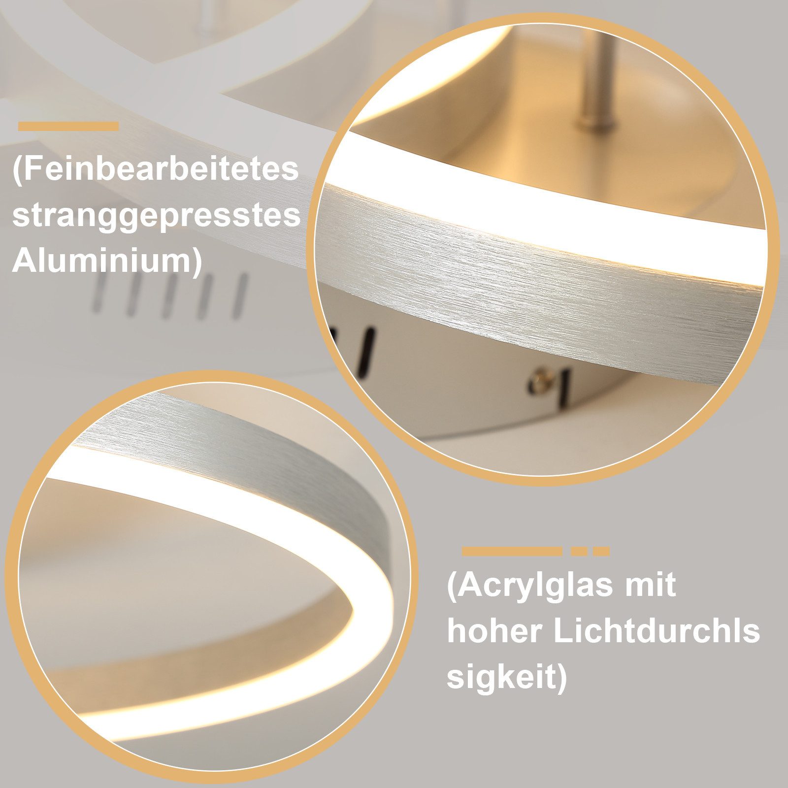 Nettlife LED Deckenleuchte Dimmbar Modern 3 Ring 82CM 74W Deckenlampe Schlafzimmer Acryl Metall, Dimmbar mit Fernbedienung, LED fest integriert, Deckenbeleuchtu – Bild 5 von 5